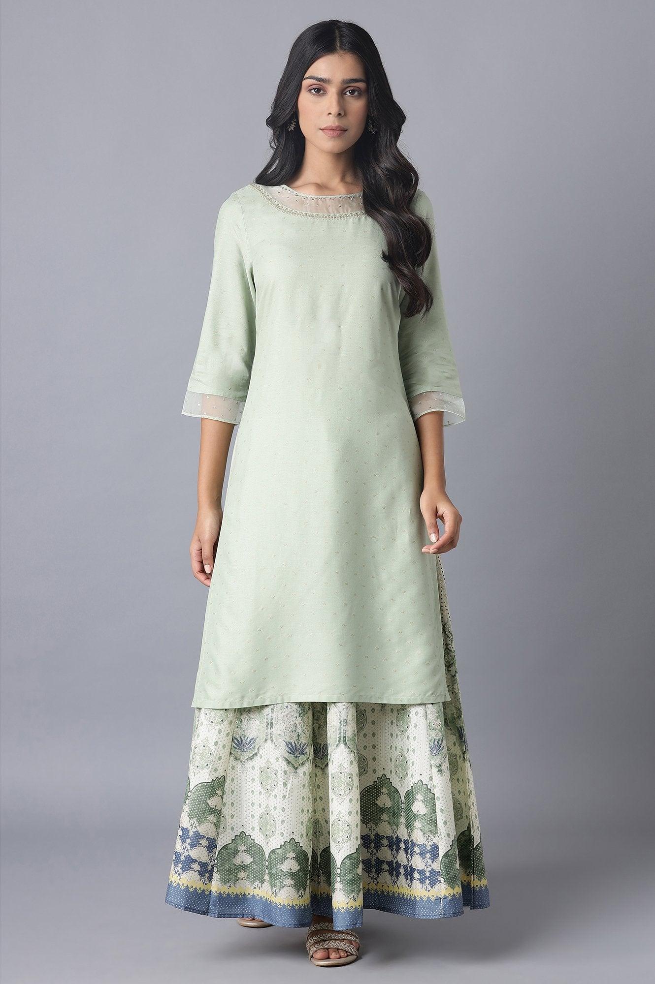 Sage Green Printed kurta with Organza Detail - wforwoman