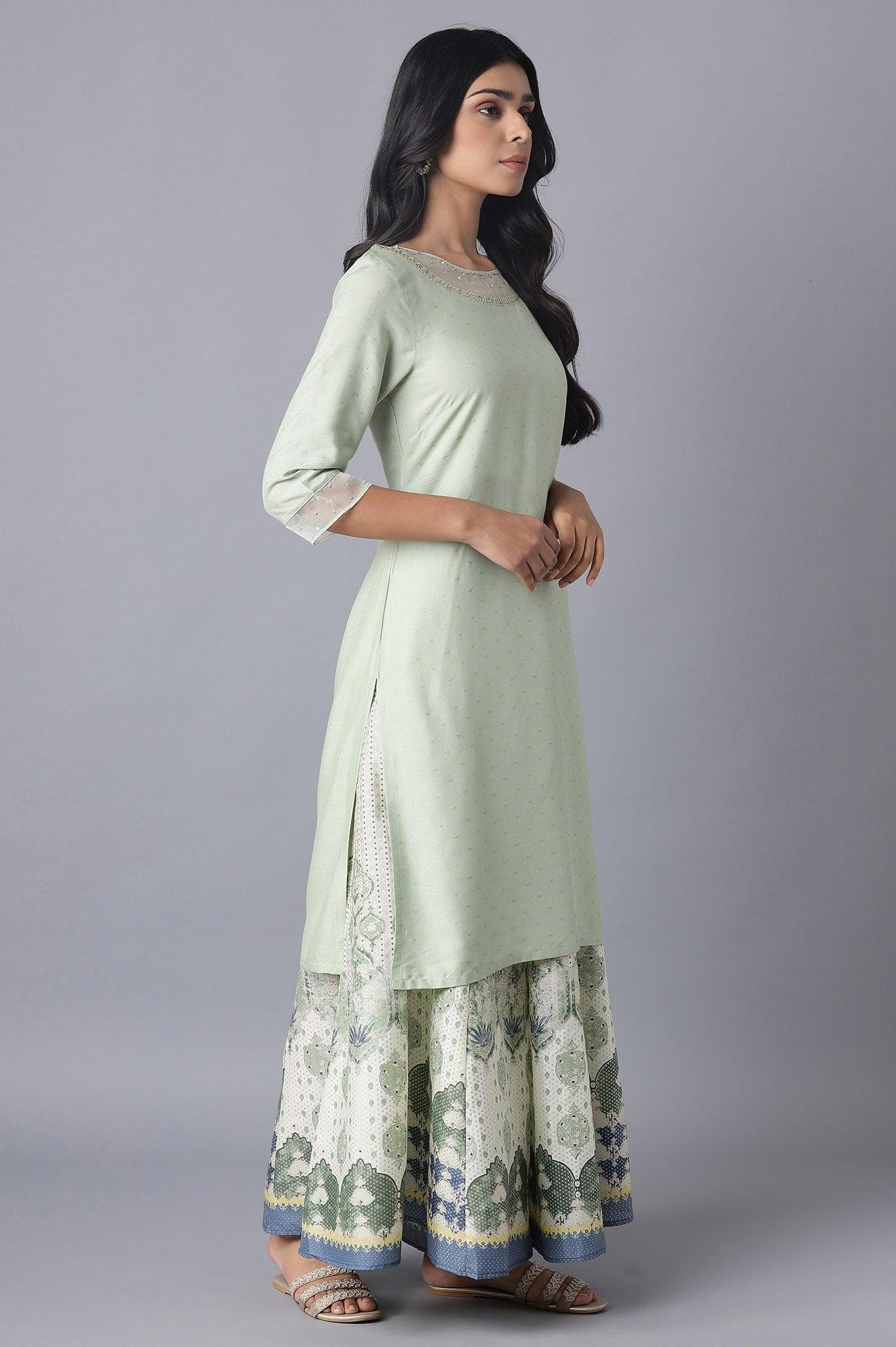 Sage Green Printed kurta with Organza Detail - wforwoman