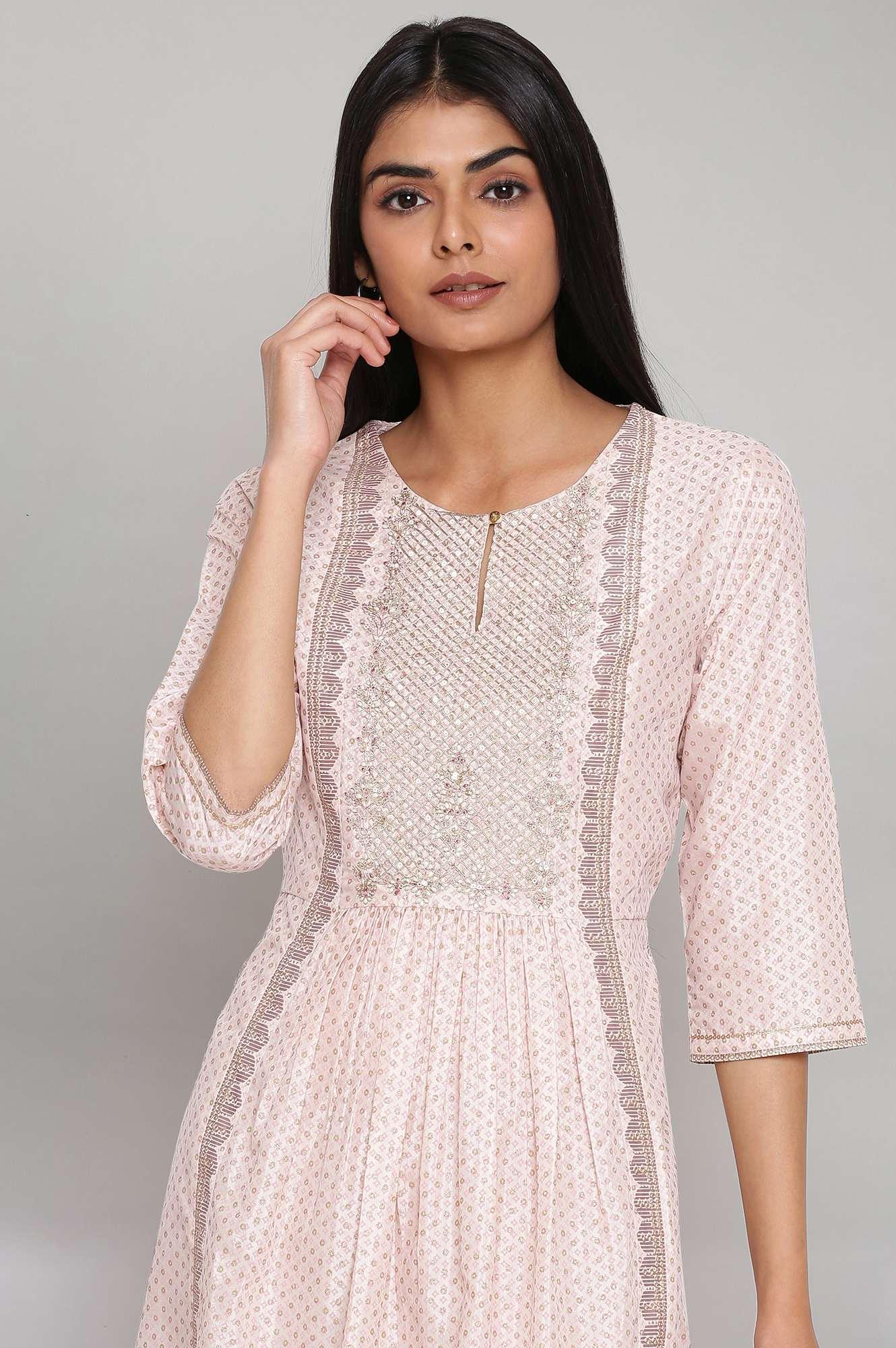 Light Pink Gathered kurta with Embroidery - wforwoman