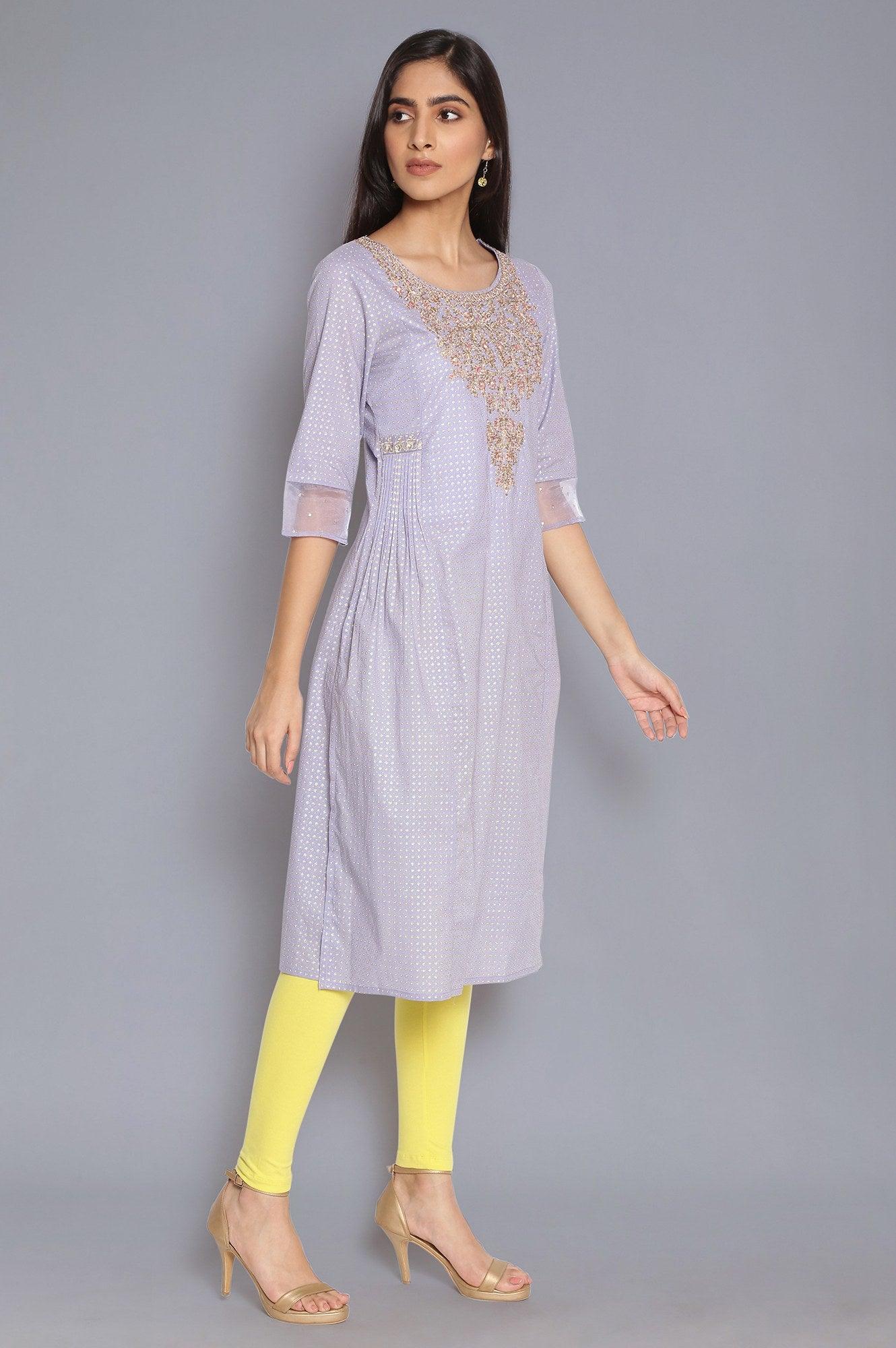 Periwinkle Blue Printed kurta with Embroidery - wforwoman