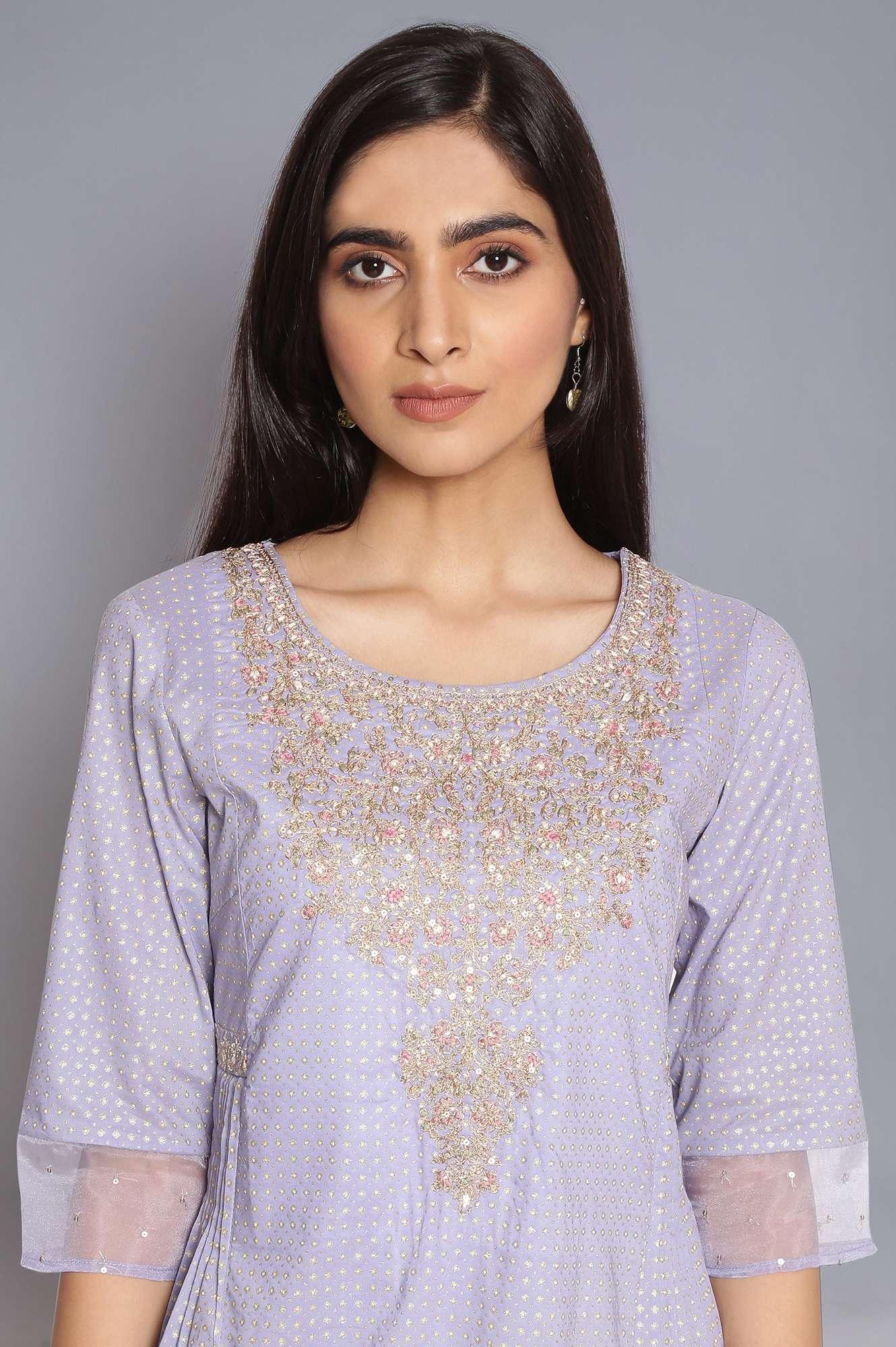 Periwinkle Blue Printed kurta with Embroidery - wforwoman