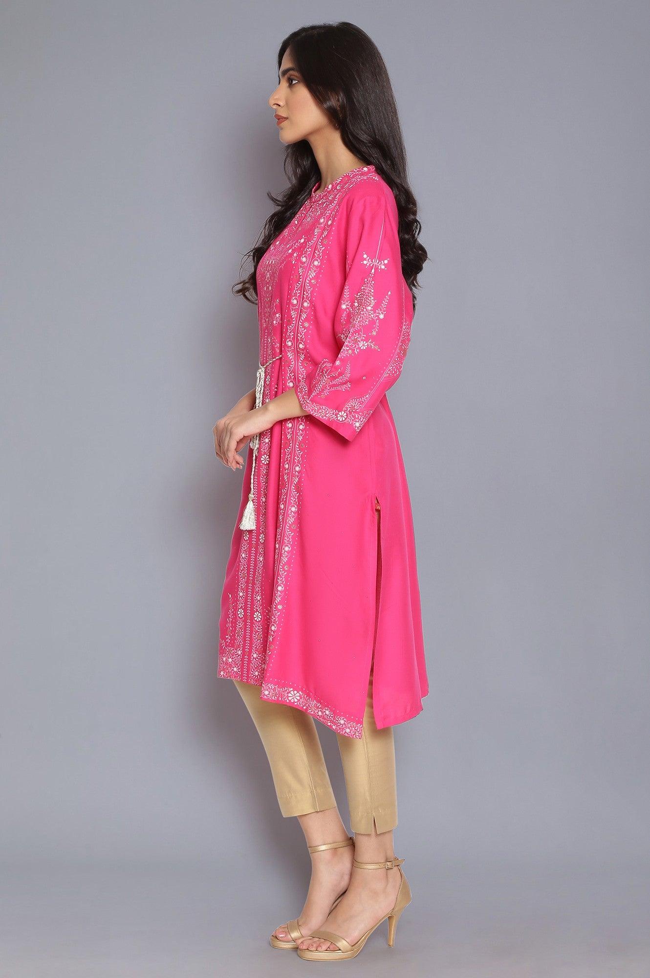 Dark Pink Printed Straight kurta - wforwoman