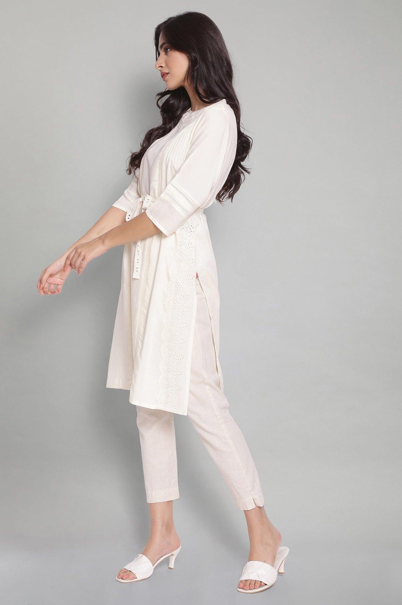 Ecru Solid kurta with Belt - wforwoman