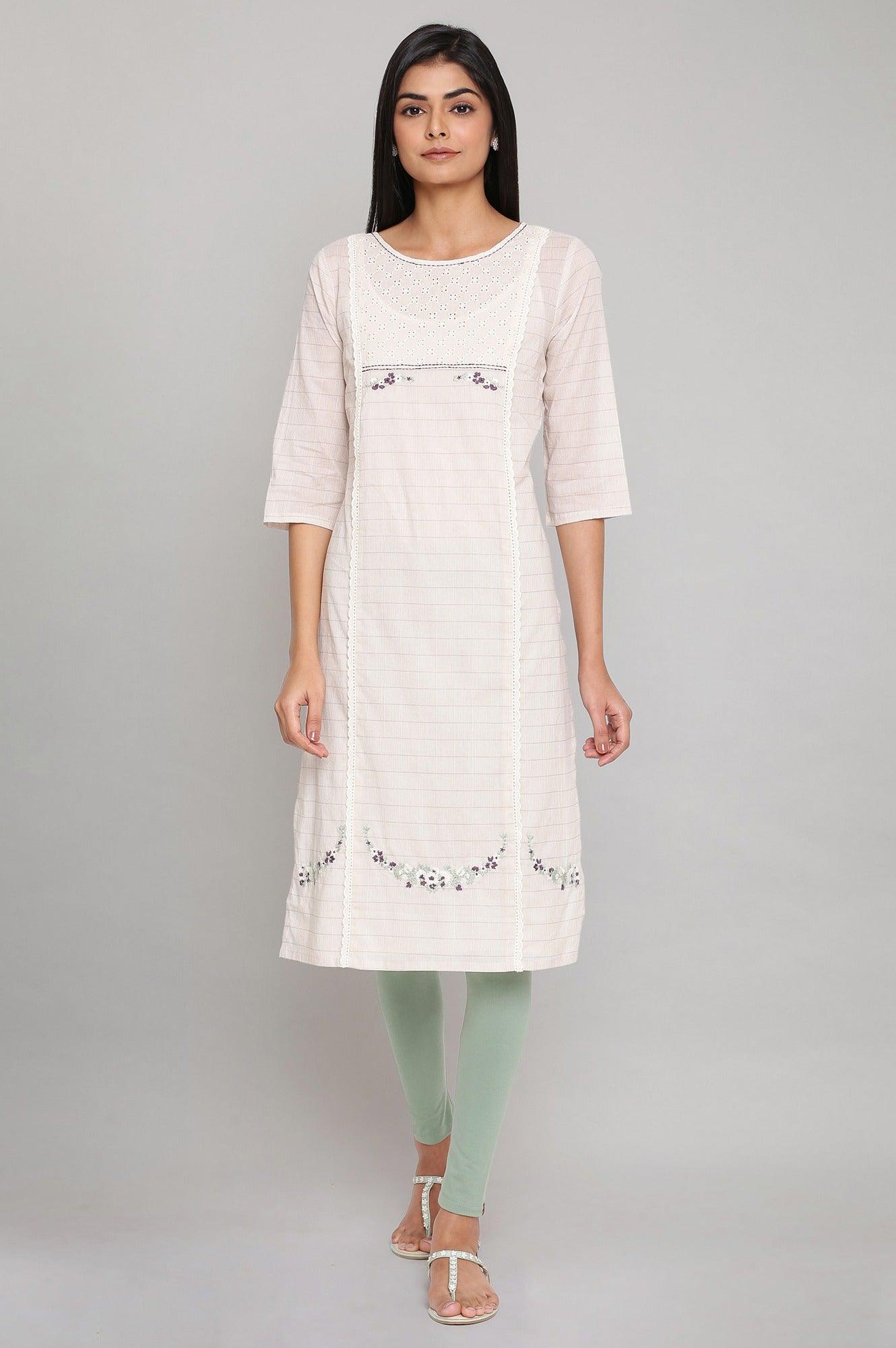 Ecru Straight kurta In Gathered Sleeves With Inner - wforwoman
