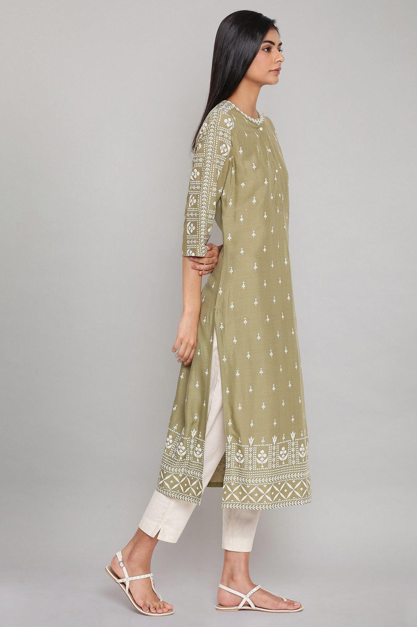 Olive Green Straight Printed kurta - wforwoman