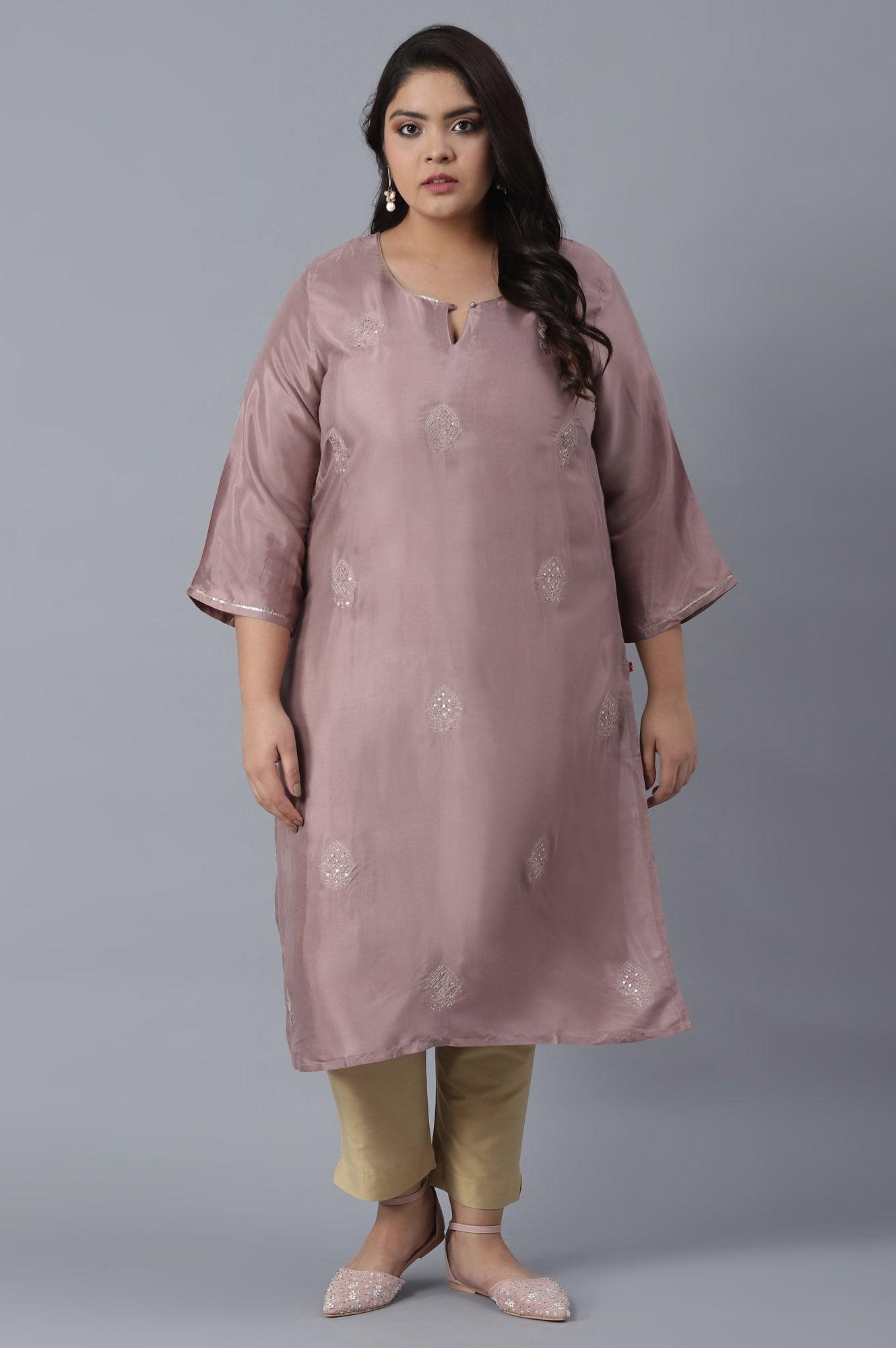 Mauve Solid kurta with Embroidery - wforwoman