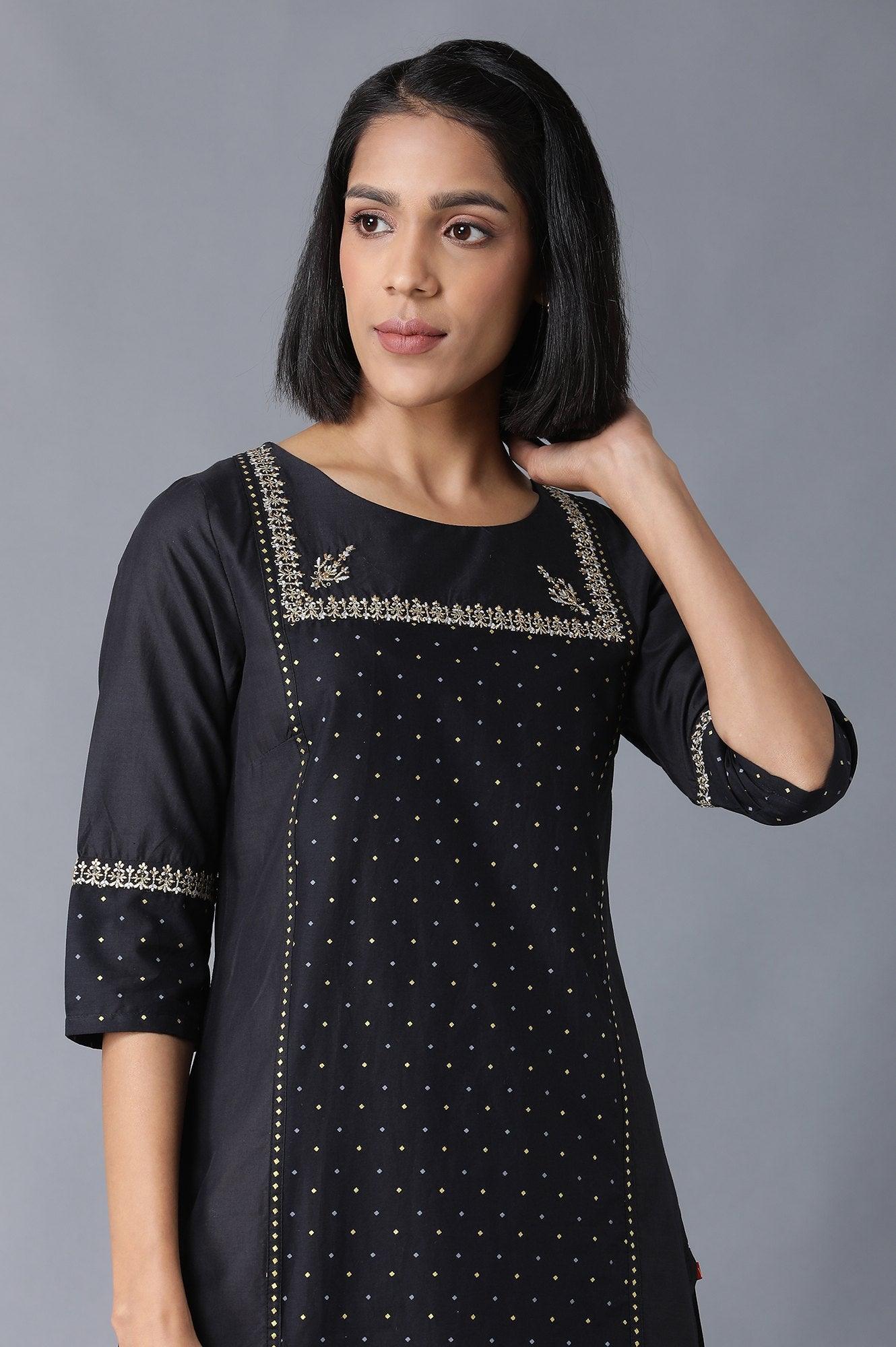 Black Polka Dots Printed Straight kurta - wforwoman