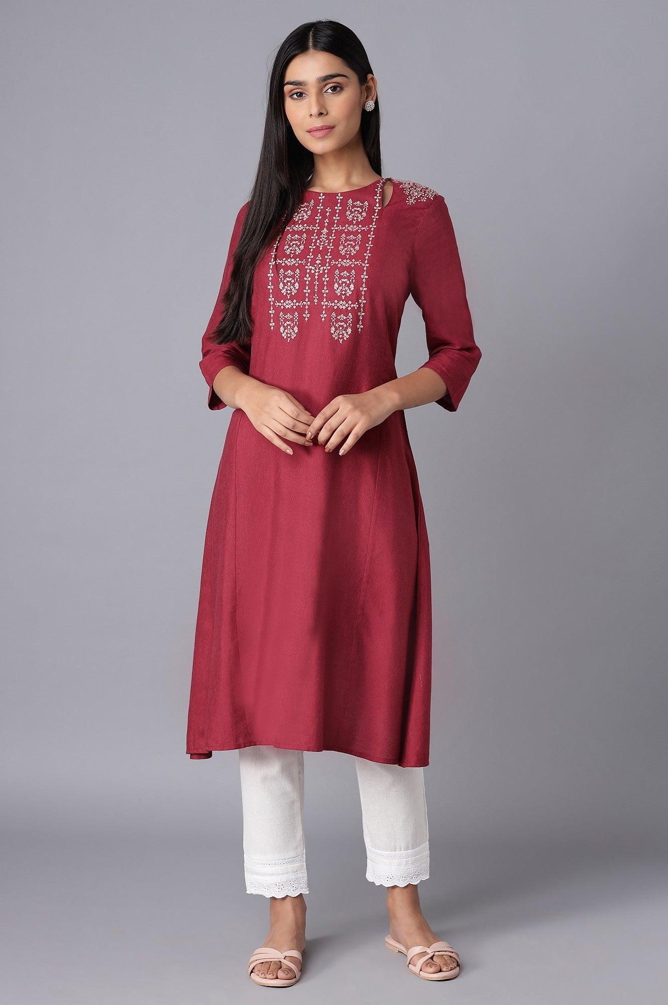 Buy Maroon A-line kurta with Embroidery 1999 W for woman