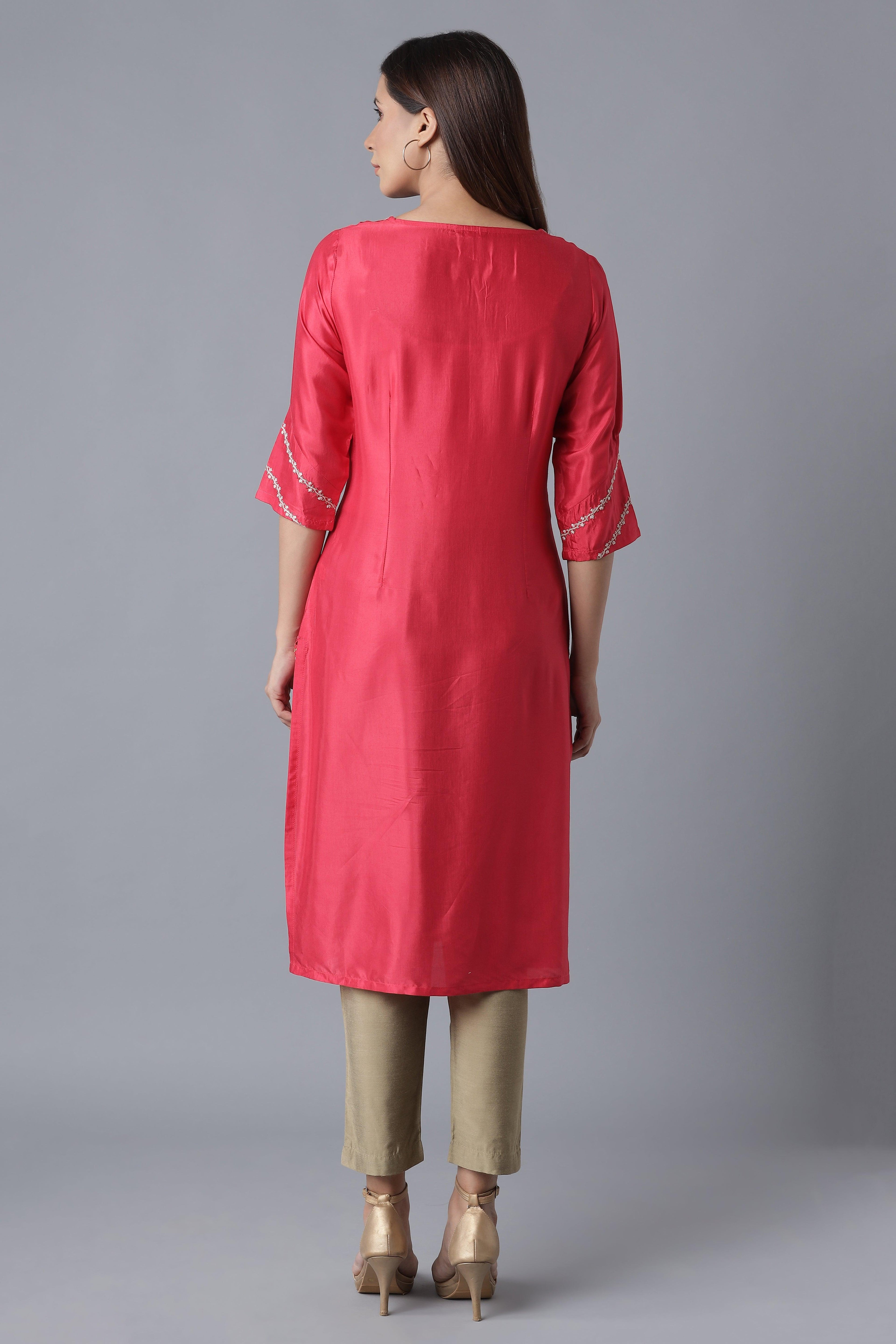 Rasberry Red Solid Festive Straight kurta - wforwoman