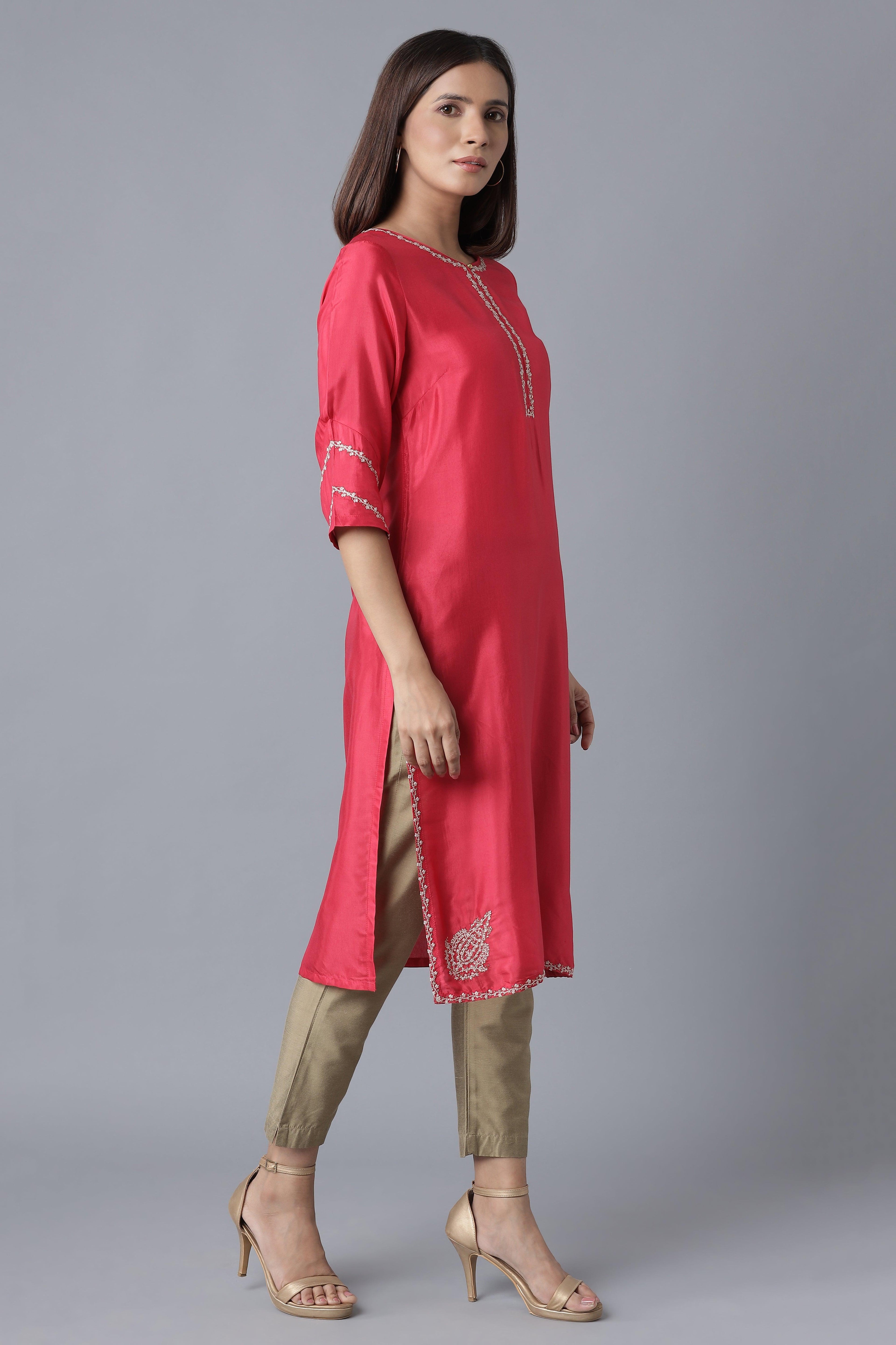 Rasberry Red Solid Festive Straight kurta - wforwoman