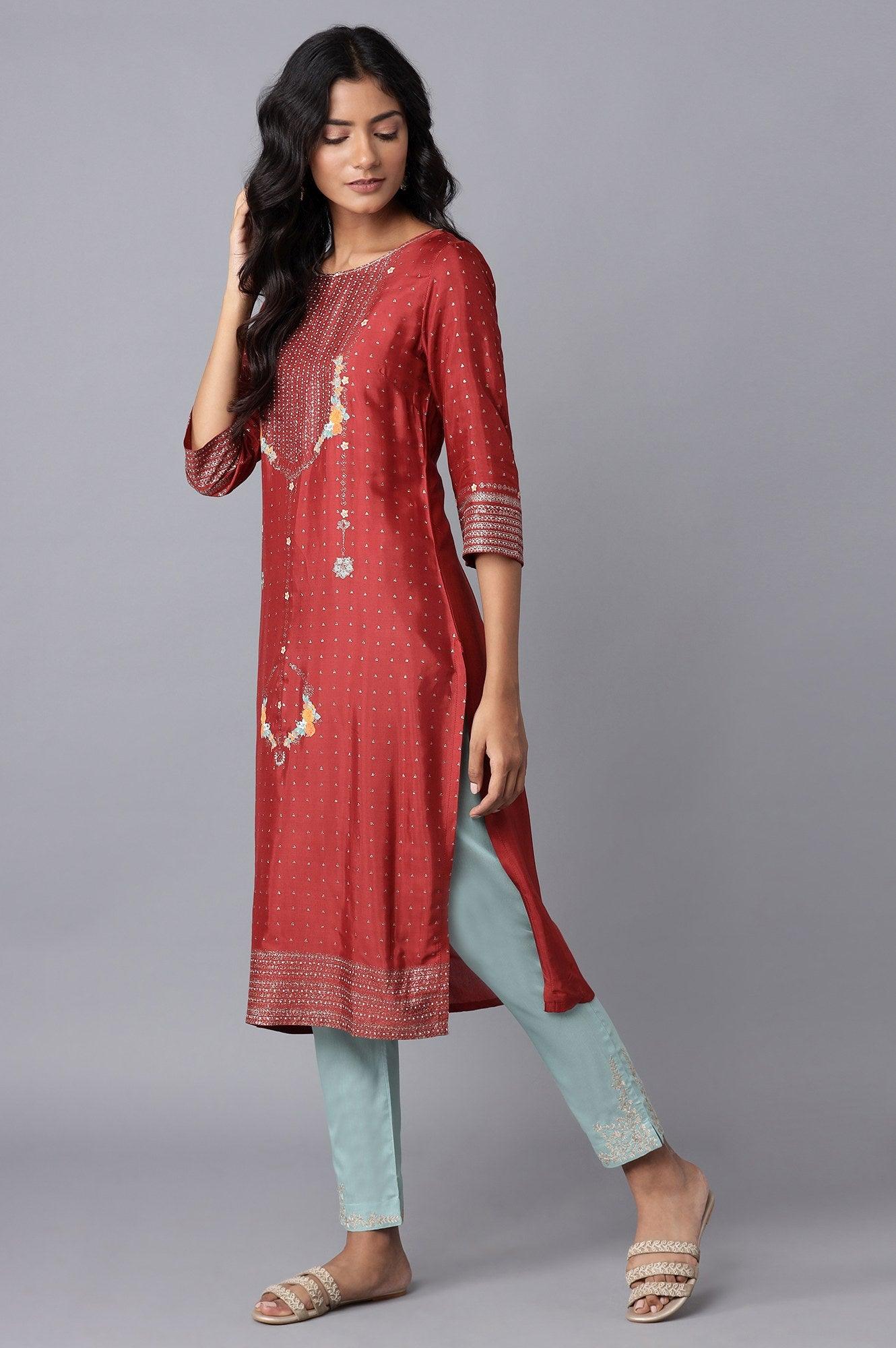 Rust Red Floral Print kurta - wforwoman