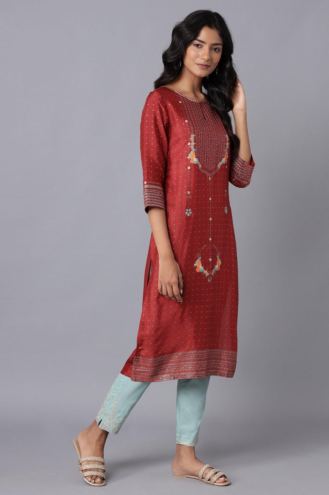 Rust Red Floral Print kurta - wforwoman