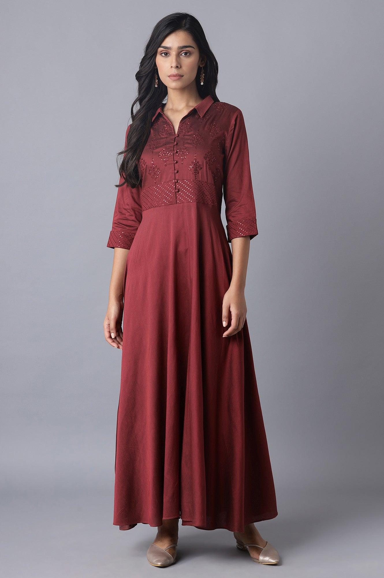 Red Embroidered Flared Shirt Dress - wforwoman