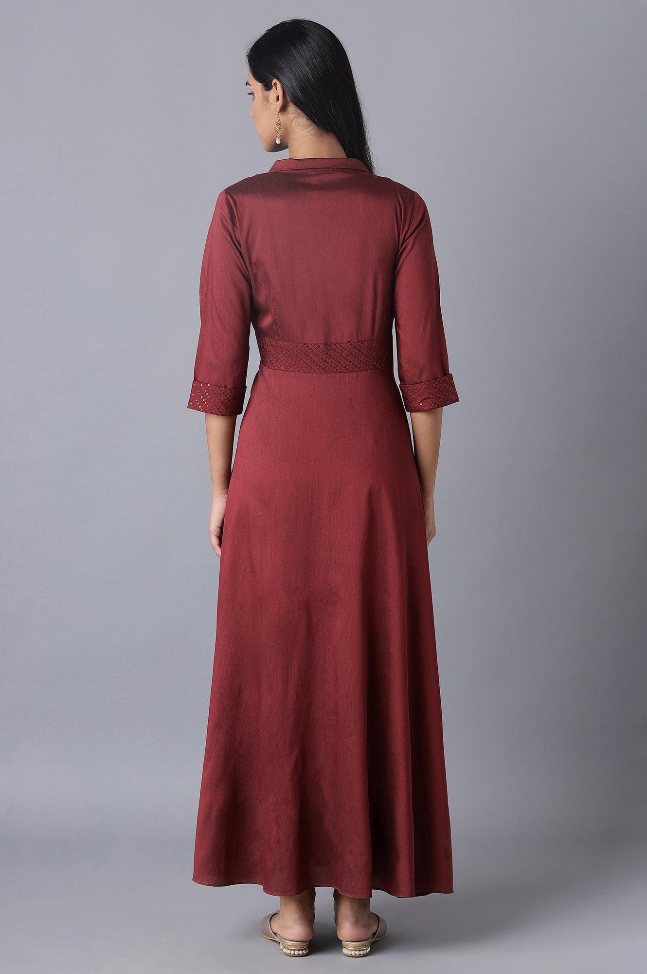 Red Embroidered Flared Shirt Dress - wforwoman