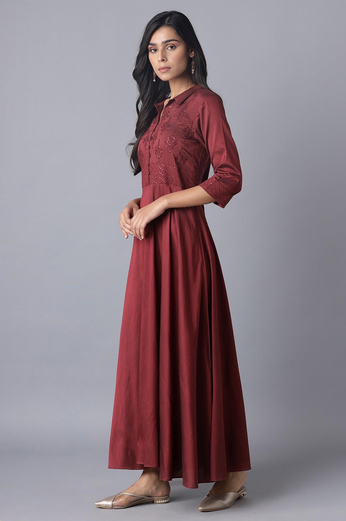 Red Embroidered Flared Shirt Dress - wforwoman