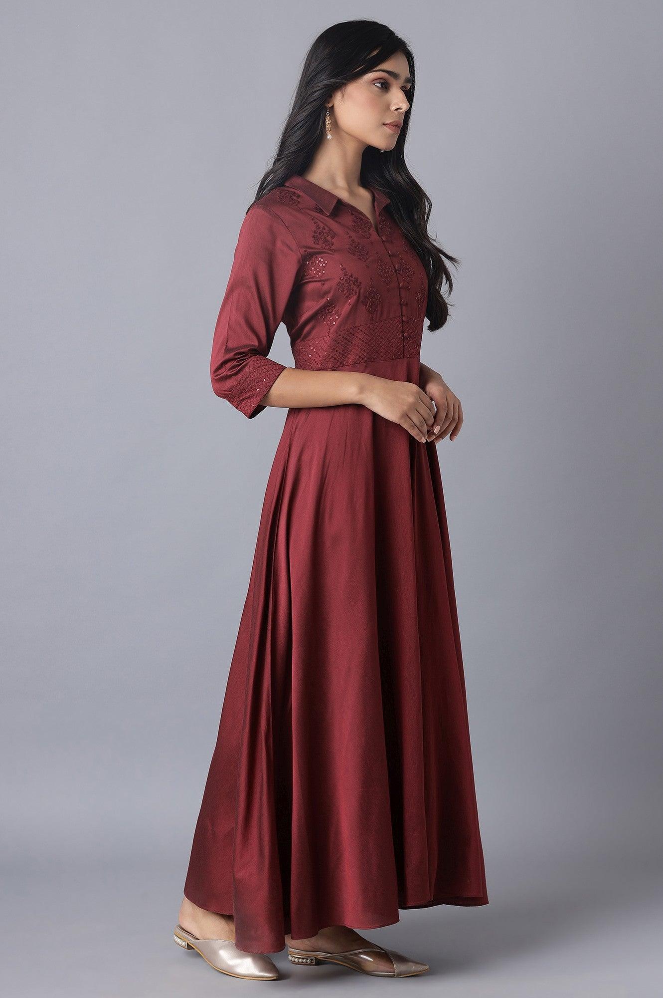 Red Embroidered Flared Shirt Dress - wforwoman