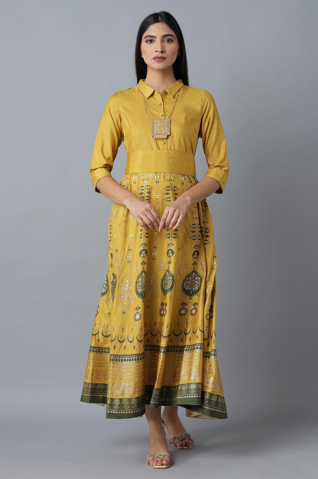 Mustard Printed Dress With Belt XS