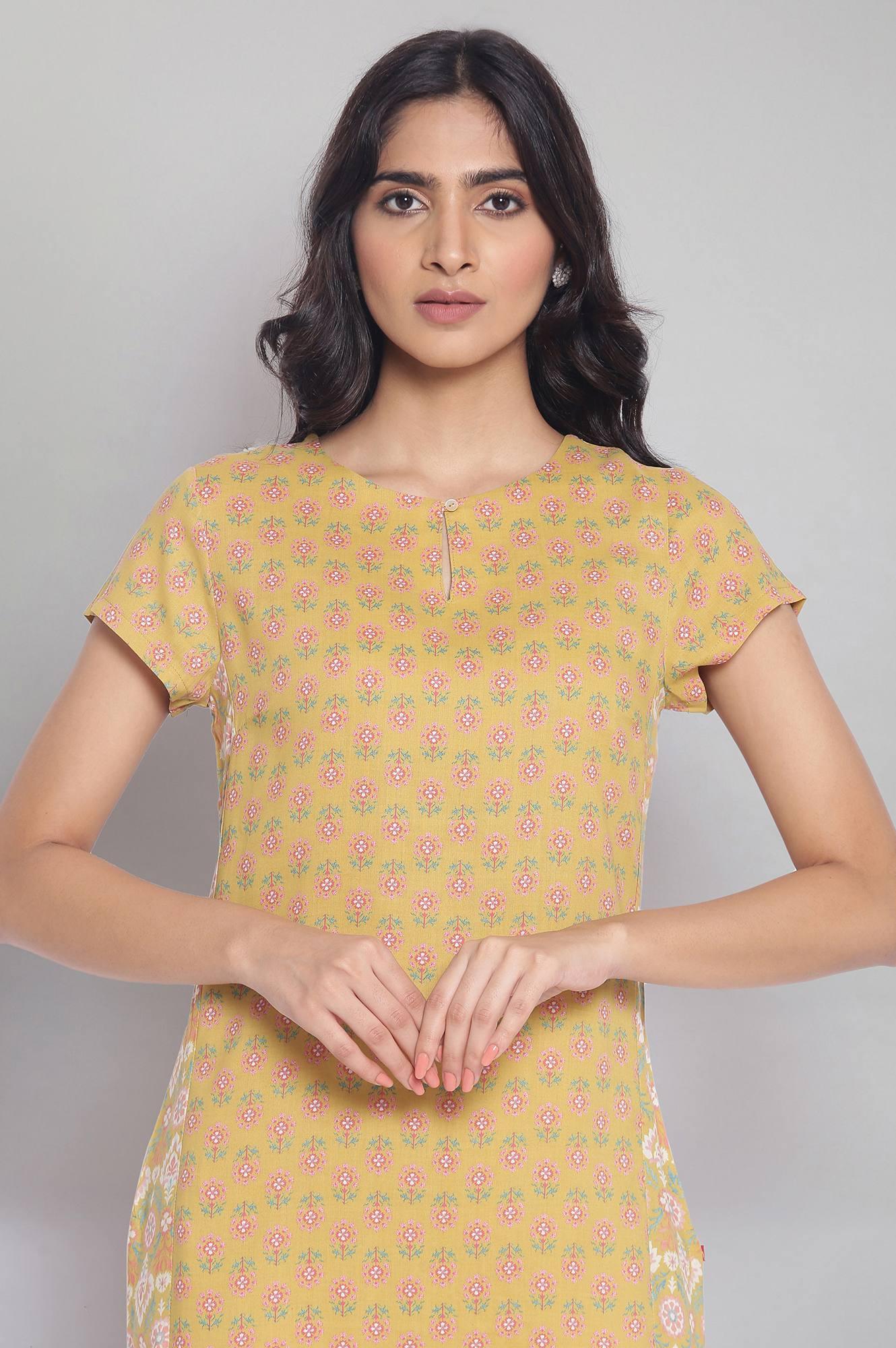 Dark Yellow Floral Print kurta - wforwoman