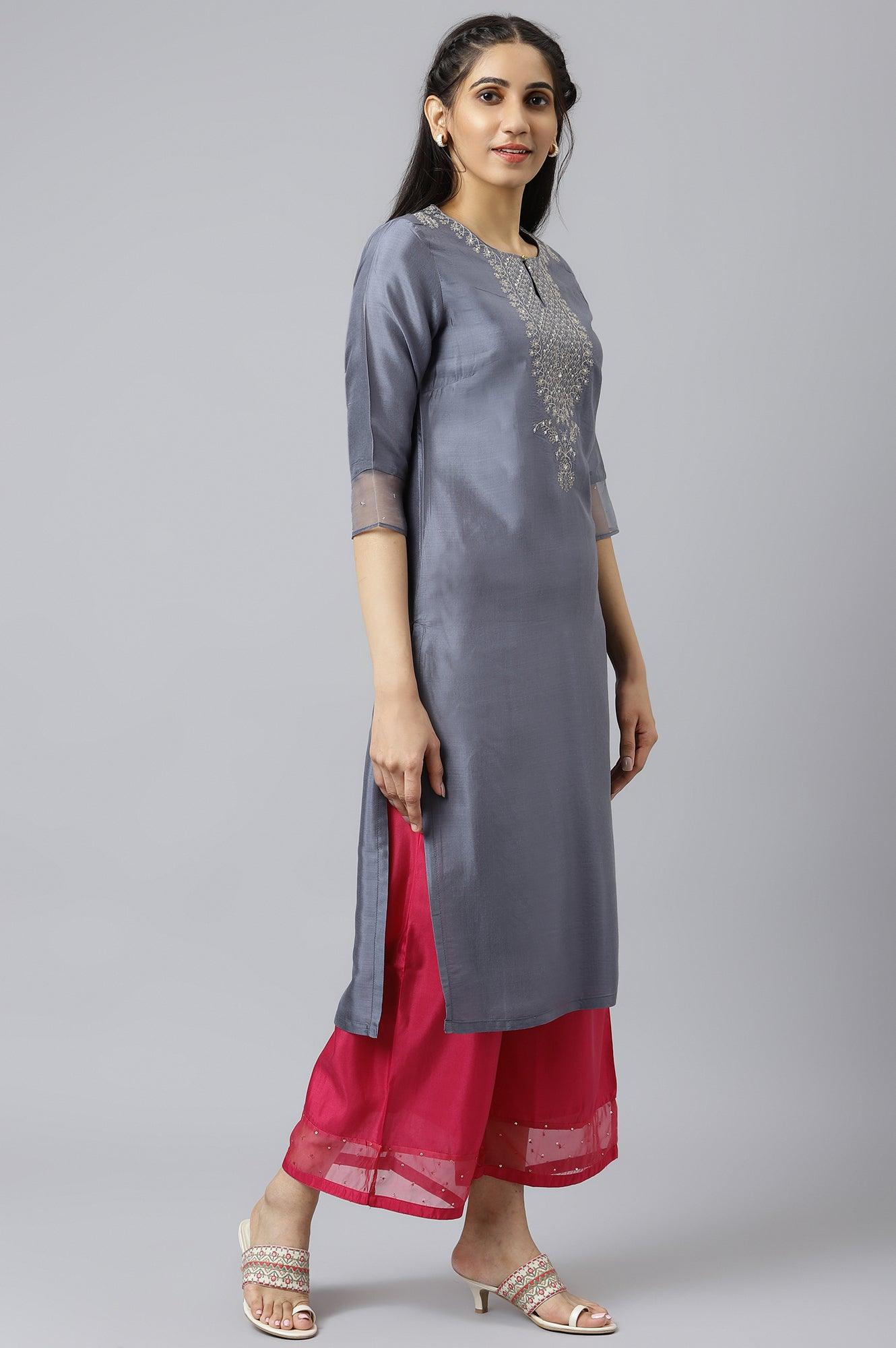 Blue Embroidered Straight kurta-Parallel Pants-Dupatta Set - wforwoman