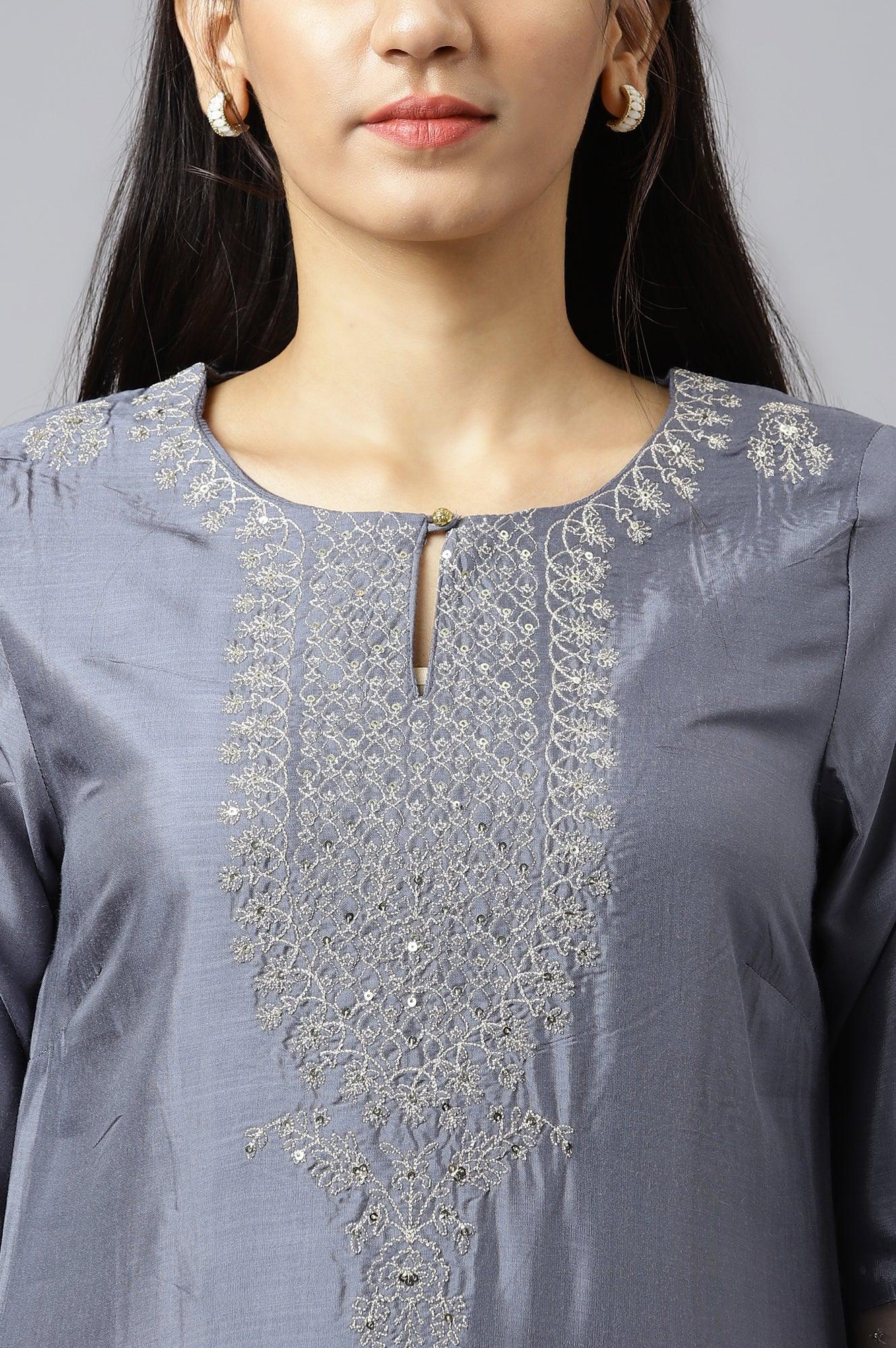 Blue Embroidered Straight kurta-Parallel Pants-Dupatta Set - wforwoman