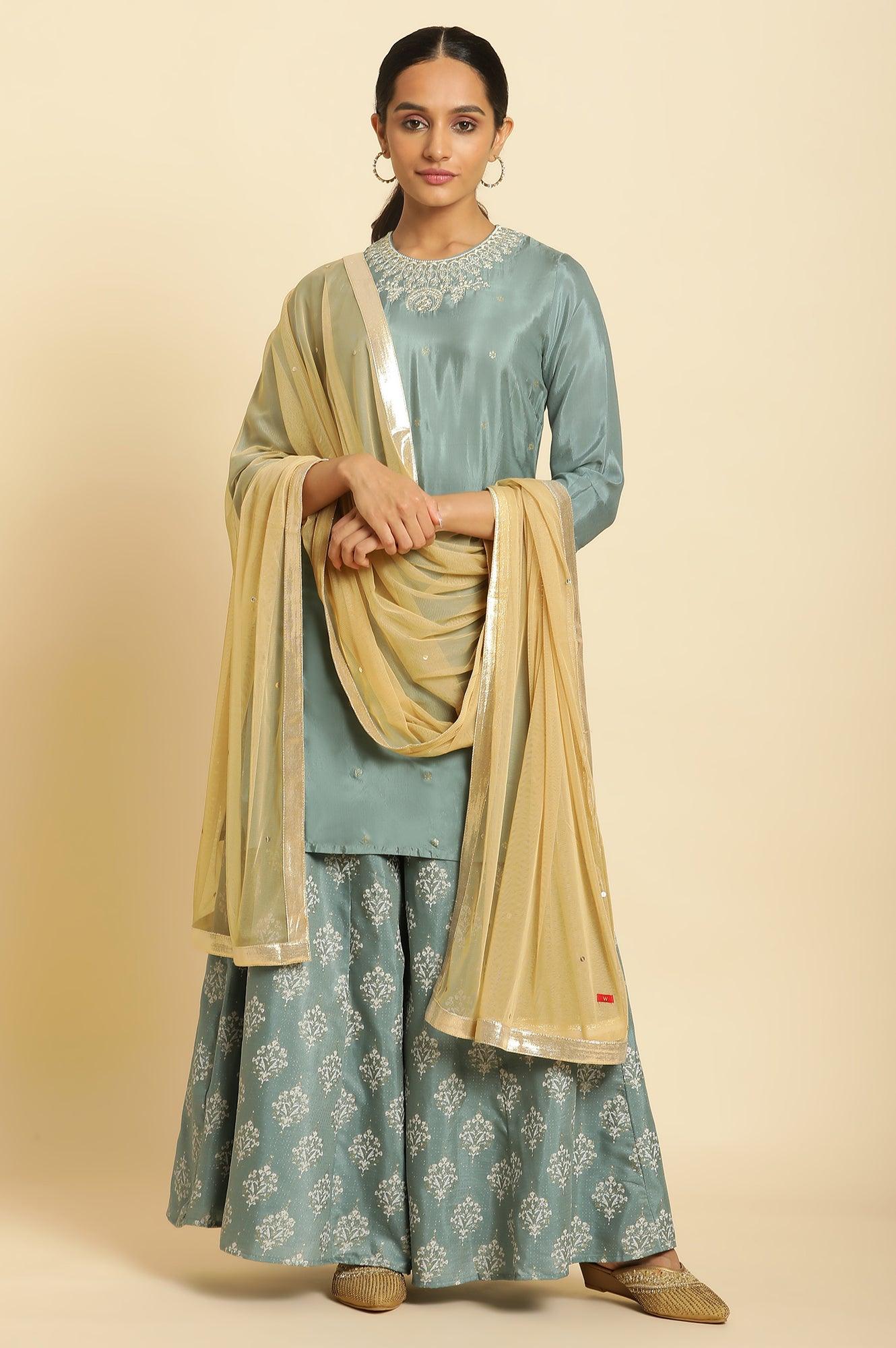 Blue Embroidered Round Neck kurta-Printed Culottes-Dupatta Set - wforwoman