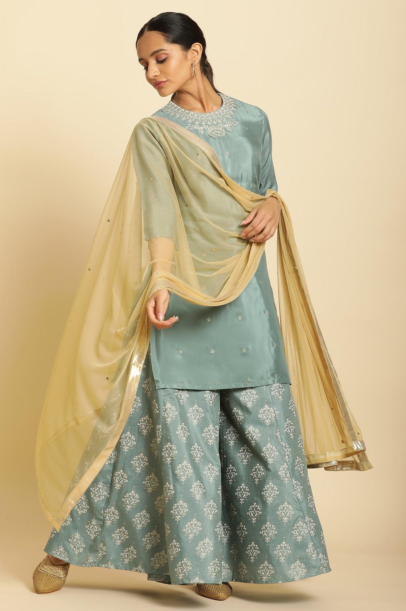 Blue Embroidered Round Neck kurta-Printed Culottes-Dupatta Set - wforwoman