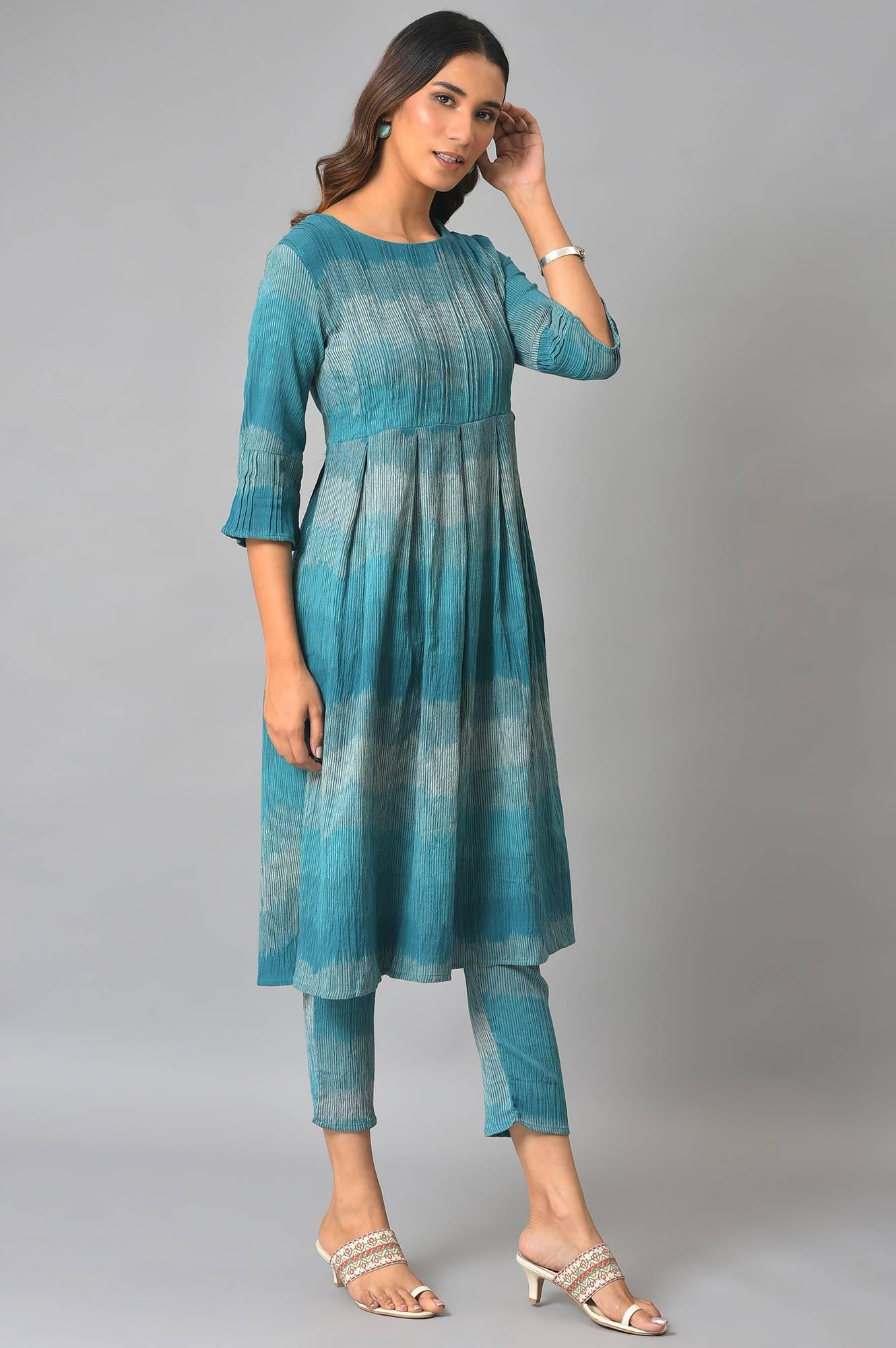 Teal Yarn-Dyed Ikkat Crepe kurta And Straight Pants Set - wforwoman