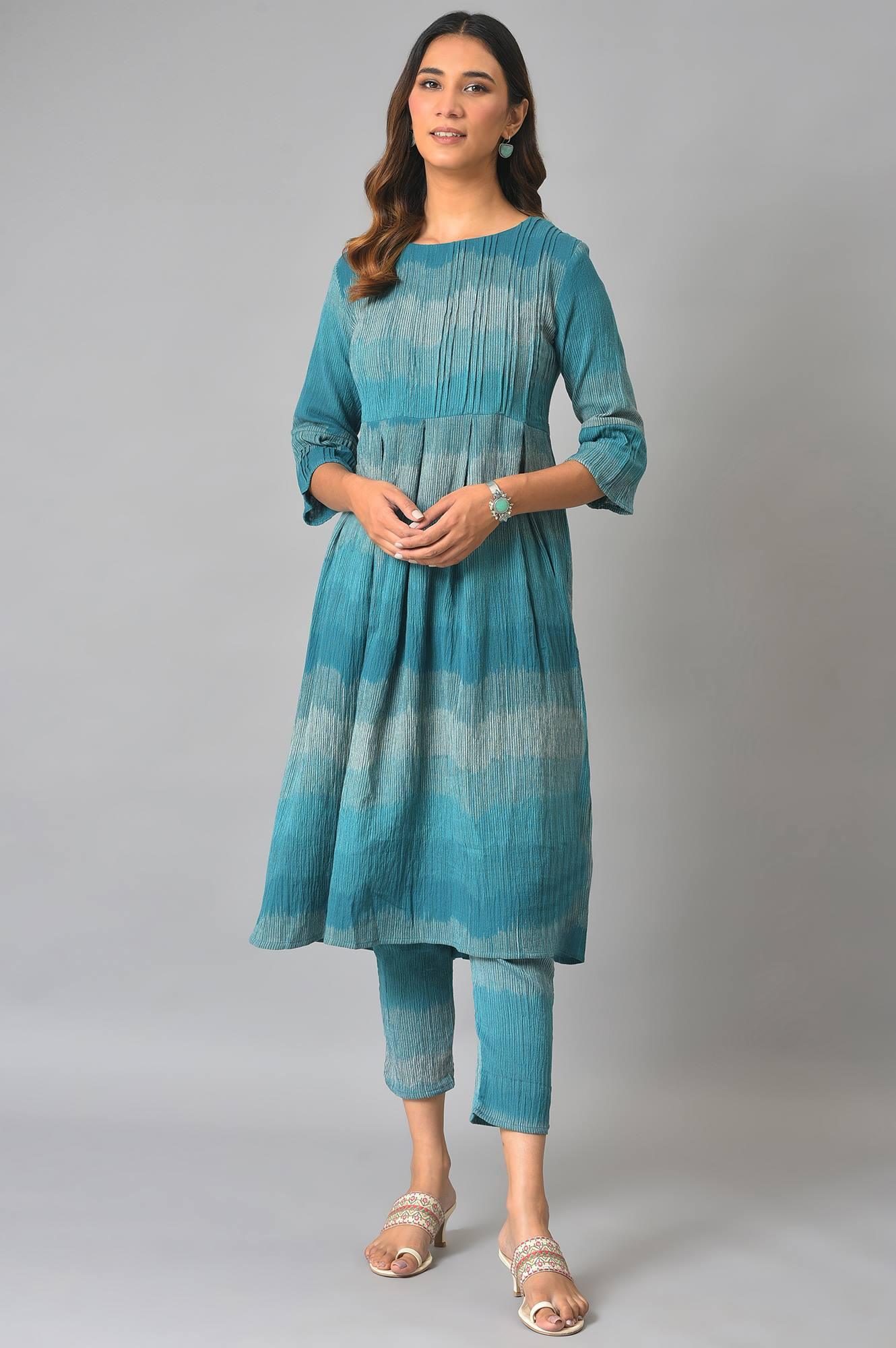 Teal Yarn-Dyed Ikkat Crepe kurta And Straight Pants Set - wforwoman