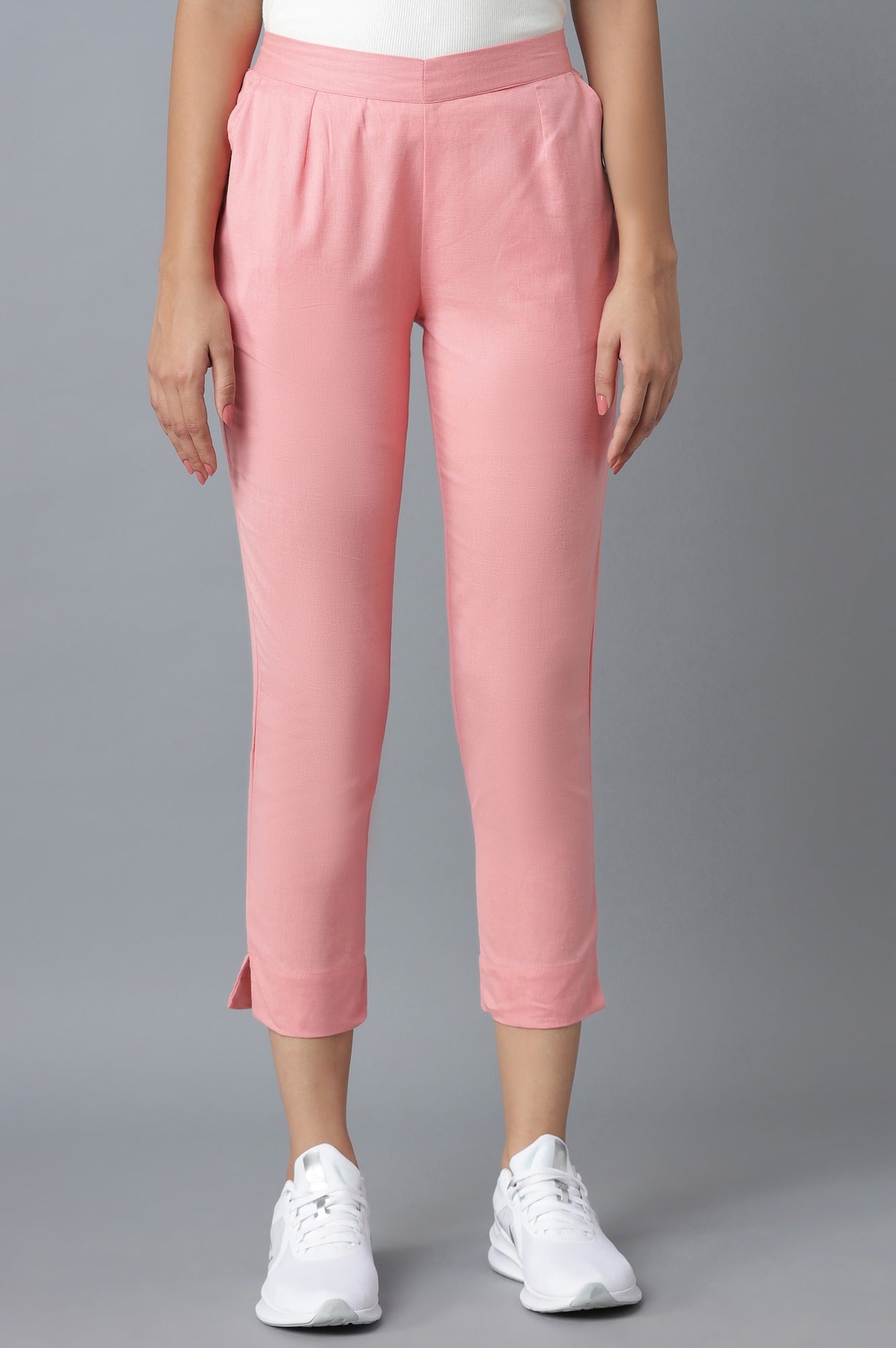 Pink Solid Straight Fit Cotton Trousers With Elasticated Waistband XS