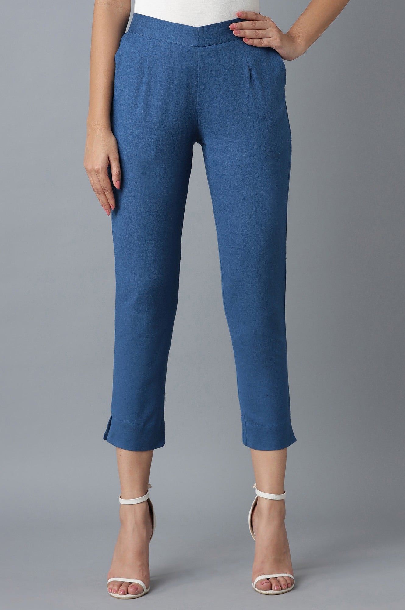 Blue Solid Straight Fit Cotton Trousers With Elasticated Waist XS