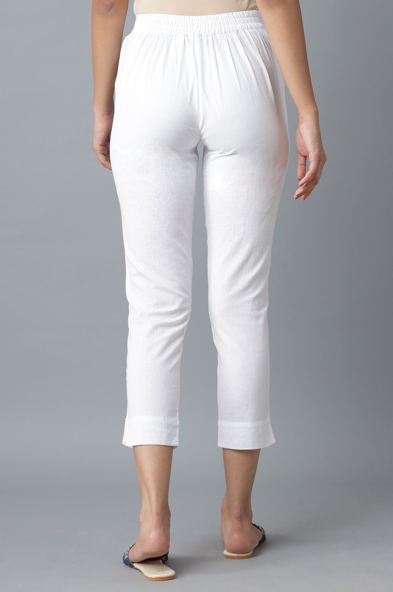 White Solid Straight Fit Cotton Culottes With Elasticated Waist