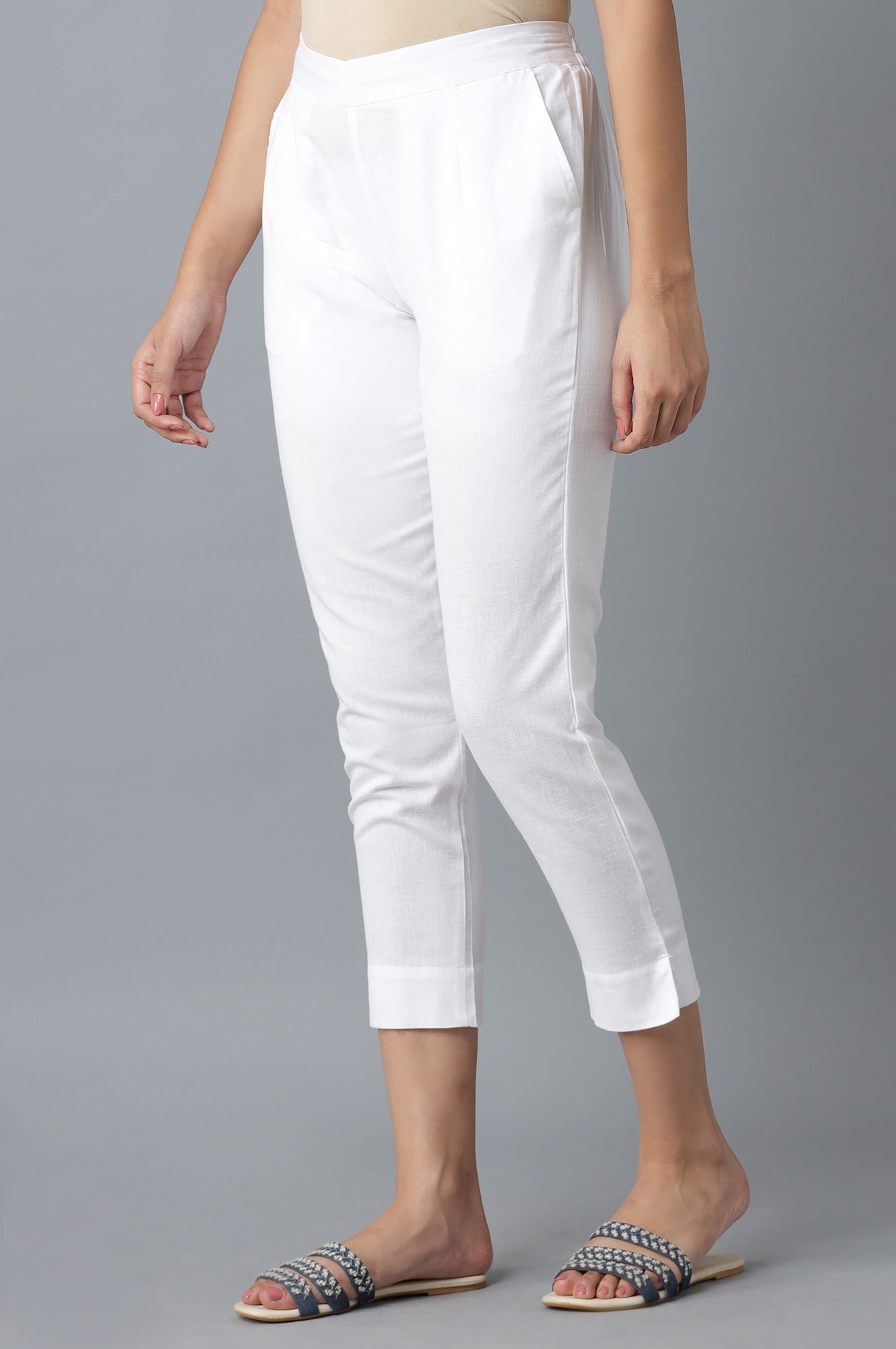 White Solid Straight Fit Cotton Culottes With Elasticated Waist