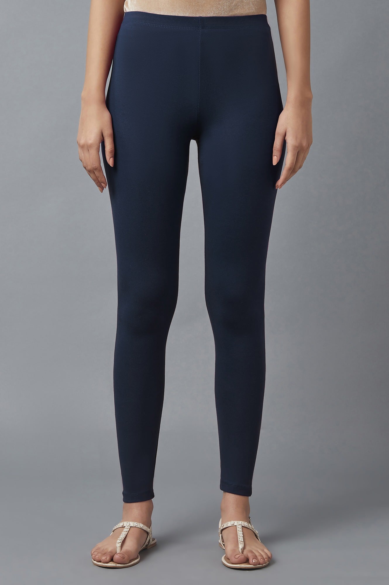 Navy Blue Solid Skinny Fit Cotton Tights With Elasticated Waist