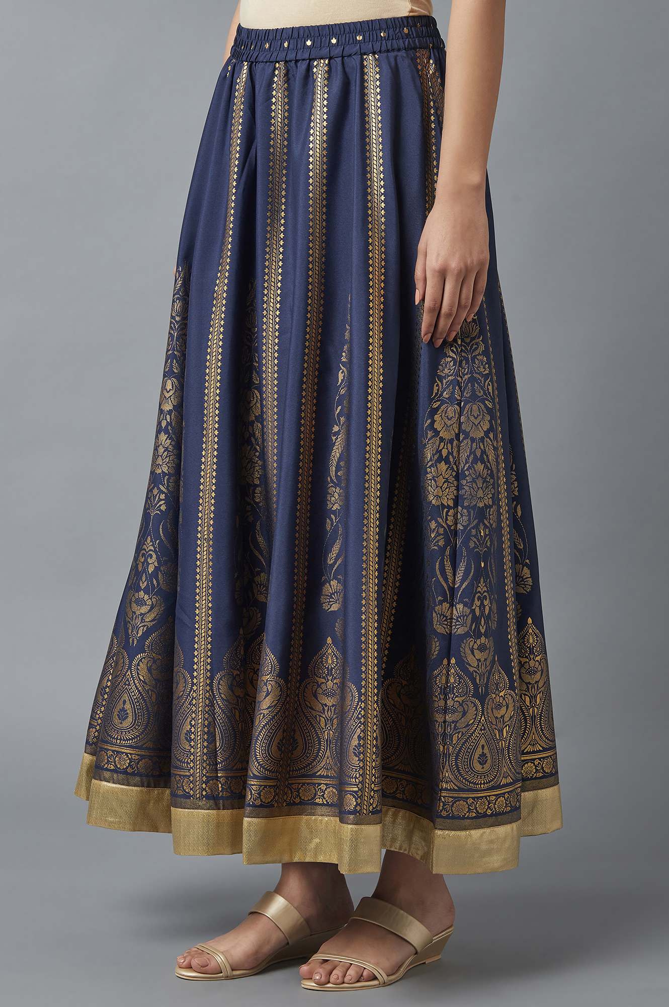 Navy Blue Printed Flared Skirt with Elasticated Waist