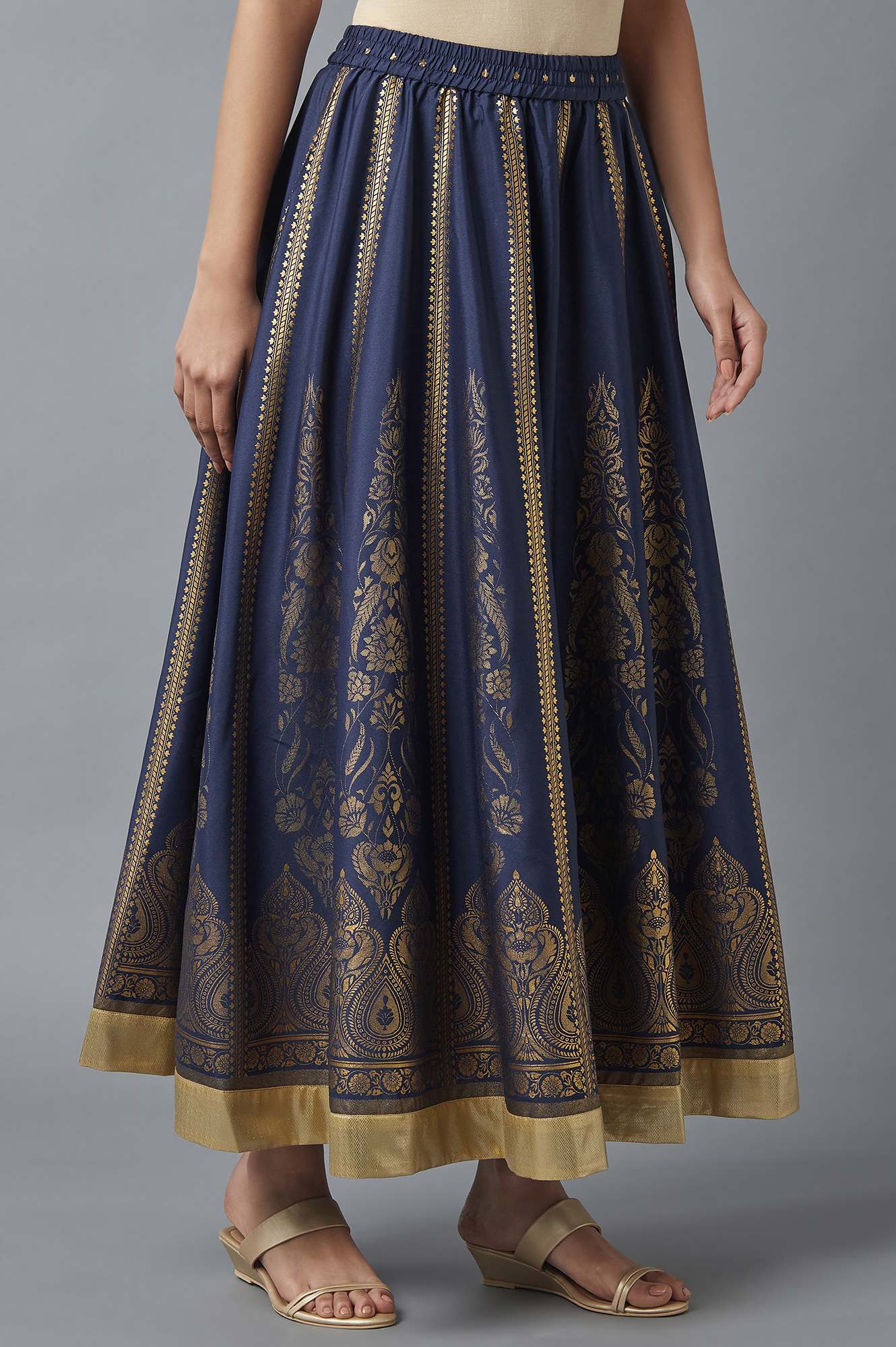 Navy Blue Printed Flared Skirt with Elasticated Waist