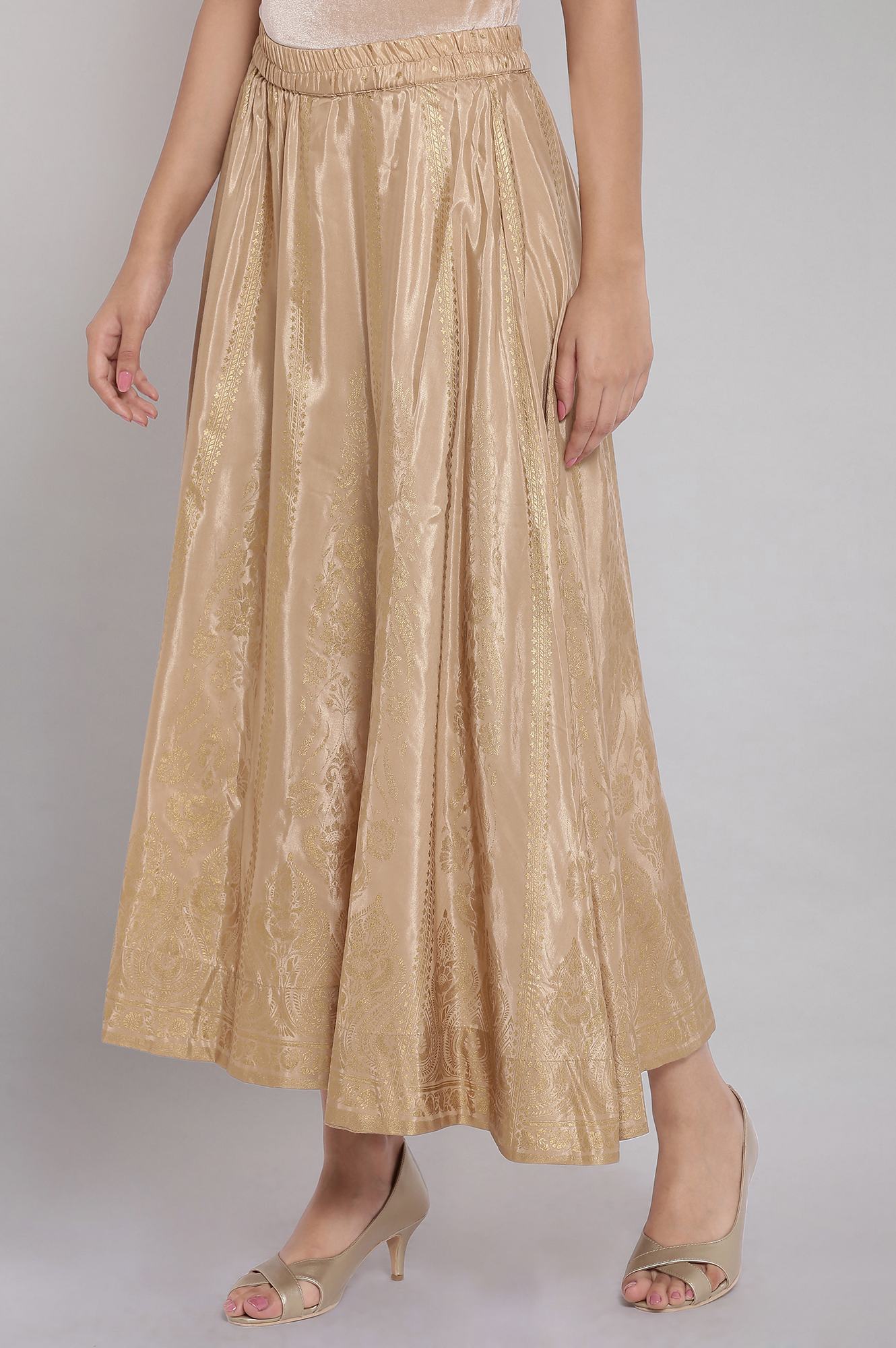 Gold Floral Printed Flared Silk Skirt With Elasticated Waist