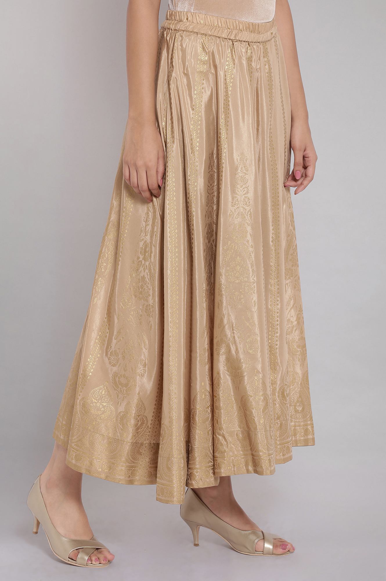 Gold Printed Flared Woven Skirt with Elasticated Waist