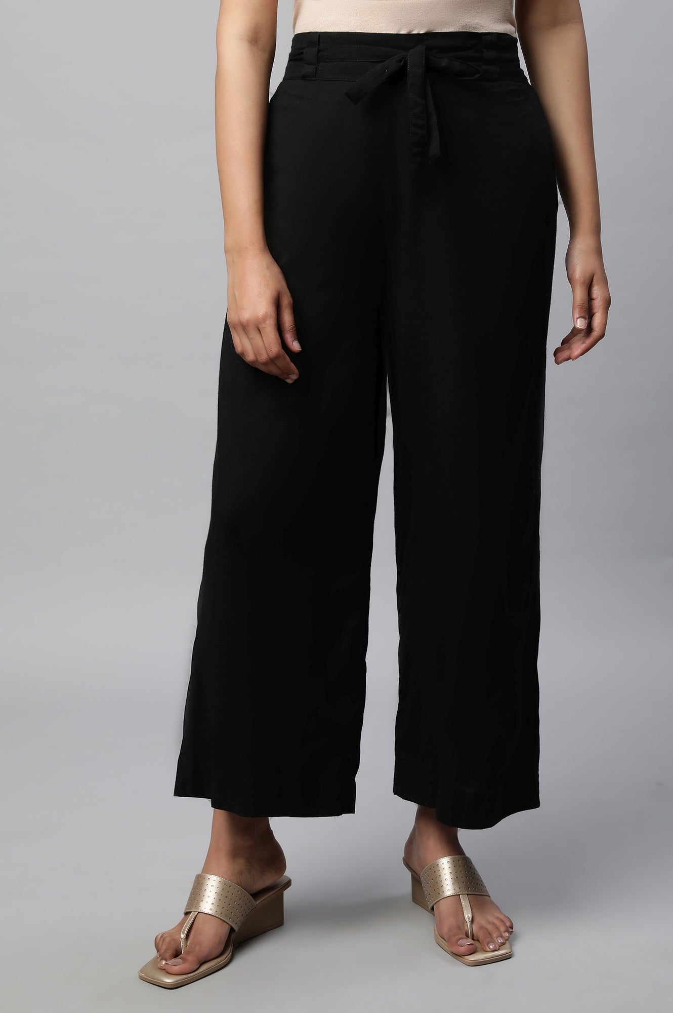 Black Solid Flared Cotton Palazzo With Elasticated Waist XS