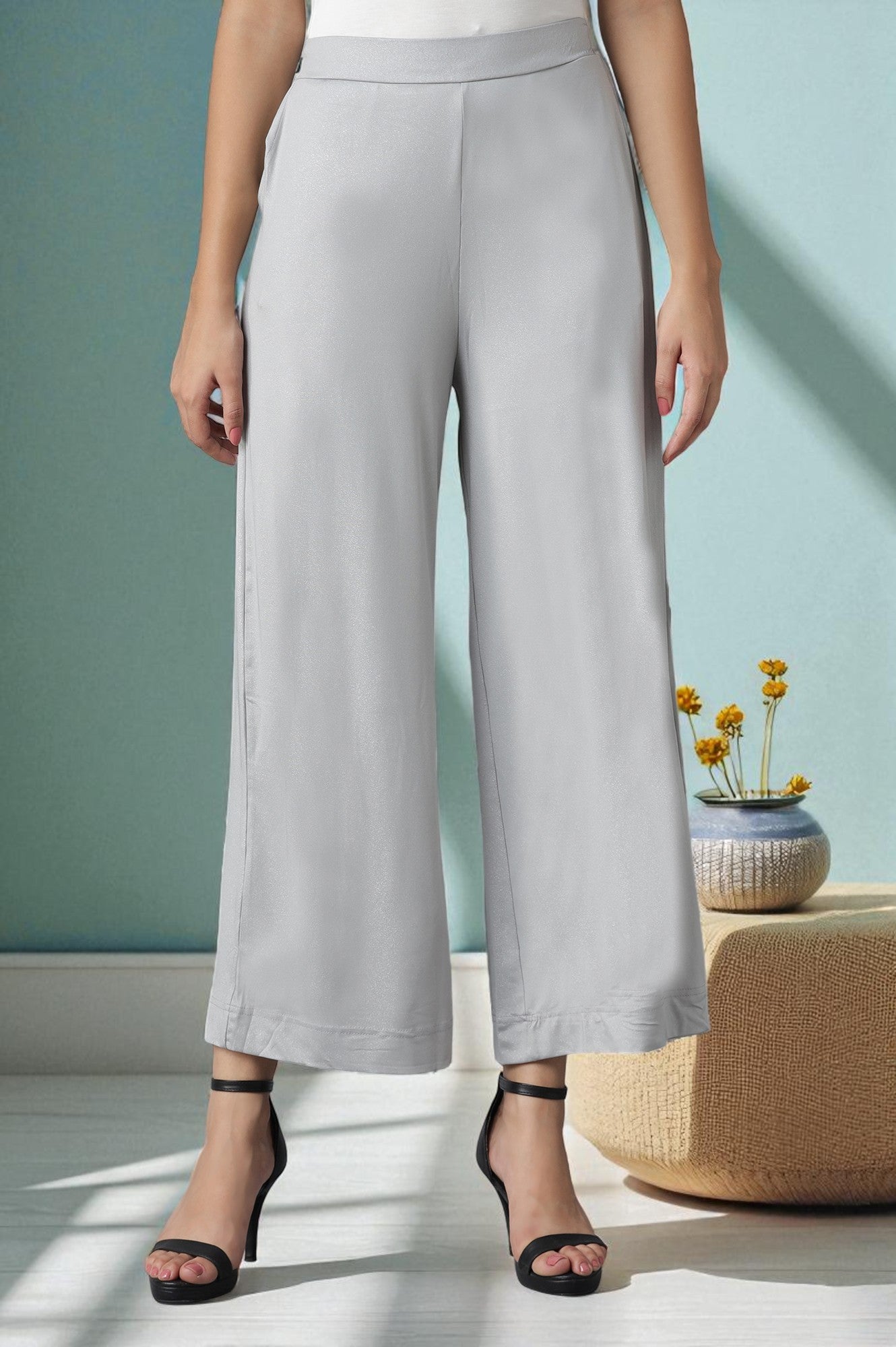 Silver Solid Straight Fit Cotton Palazzo With Elasticated