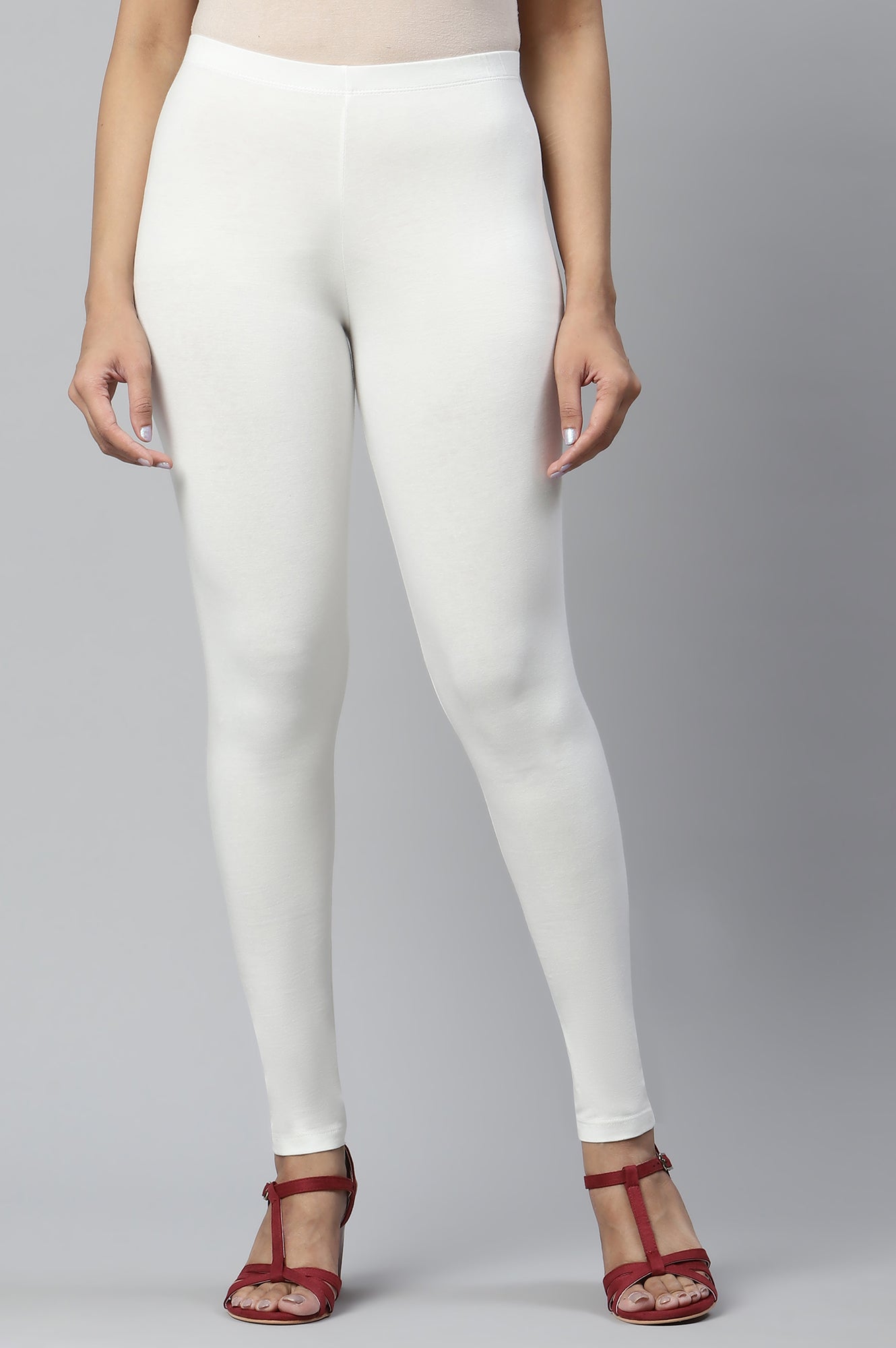 Off White Solid Skinny-fit Cotton Tights with Elasticated Waistband
