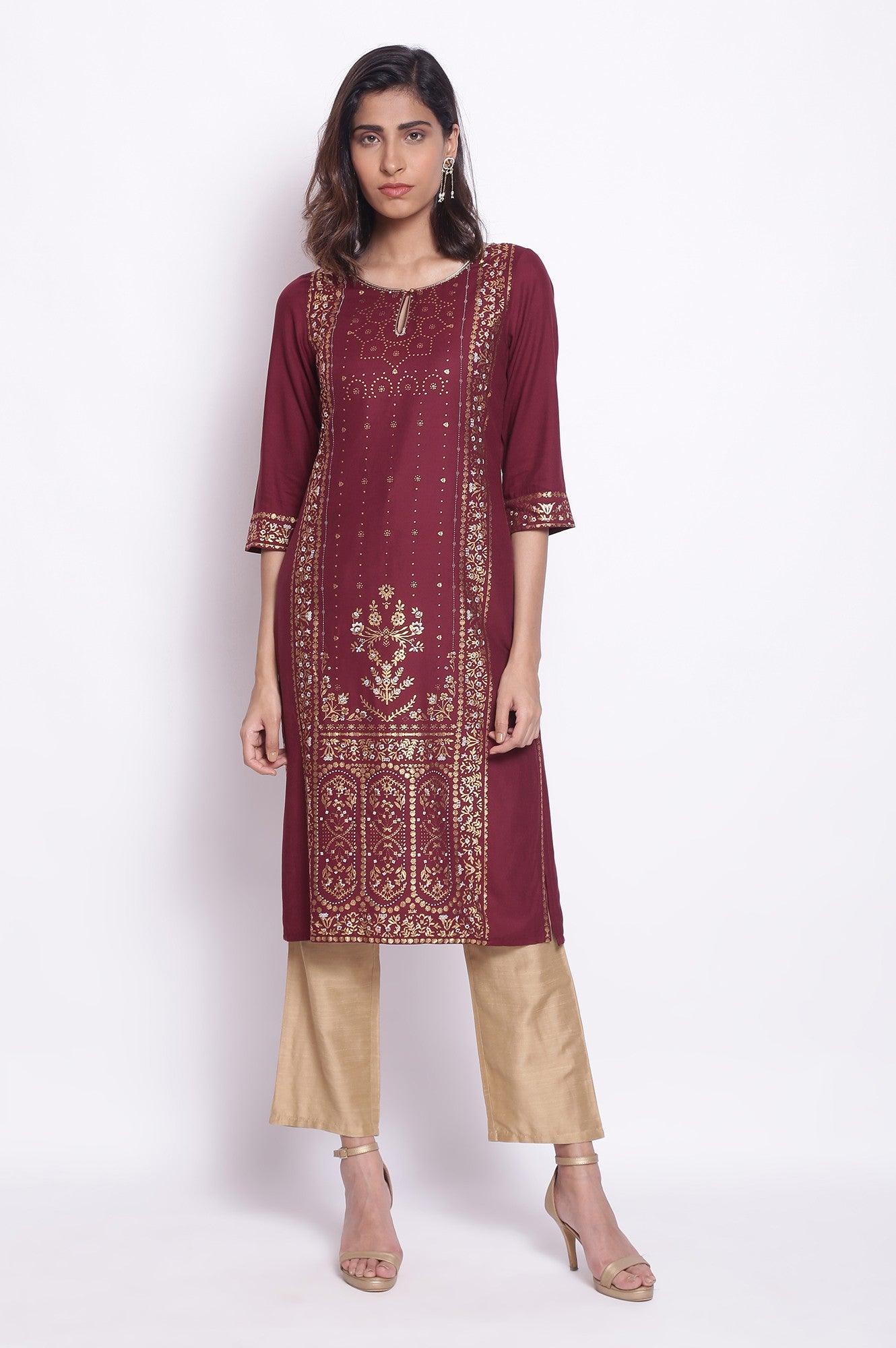 Purple Straight Foil Print kurta - wforwoman