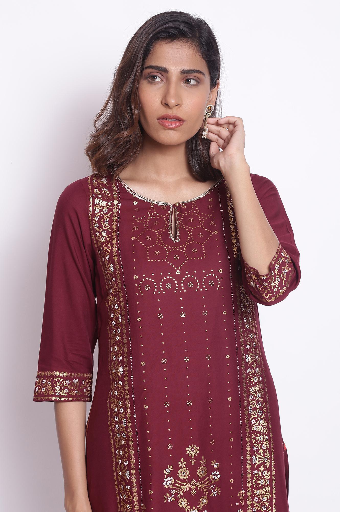 Purple Straight Foil Print kurta - wforwoman