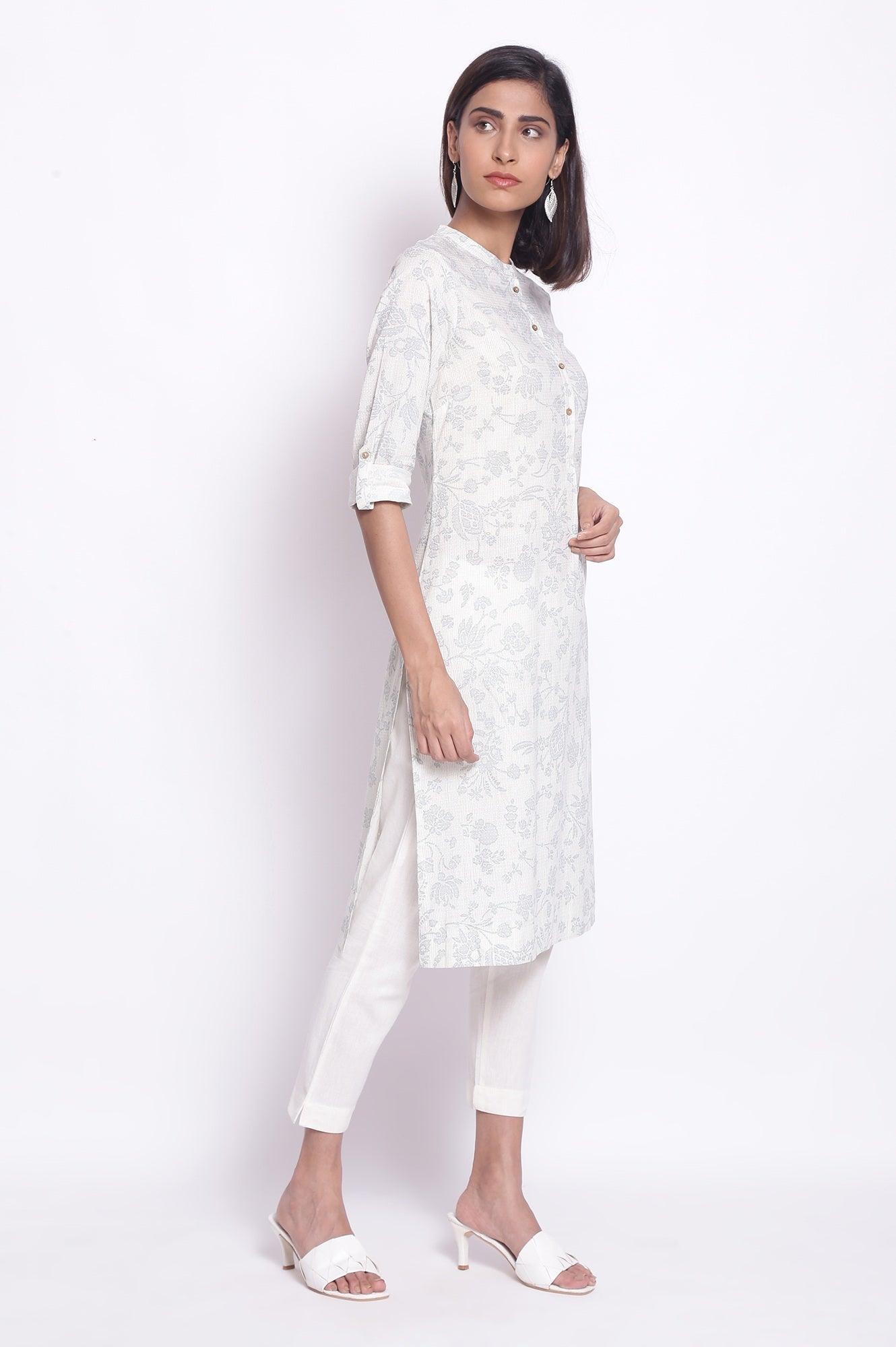 White and Blue Printed kurta - wforwoman