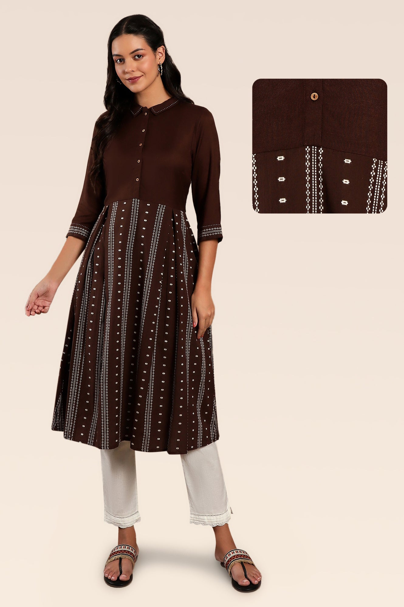 Brown Printed Shirt Collar Flared Kurta With Minimal Thread Work