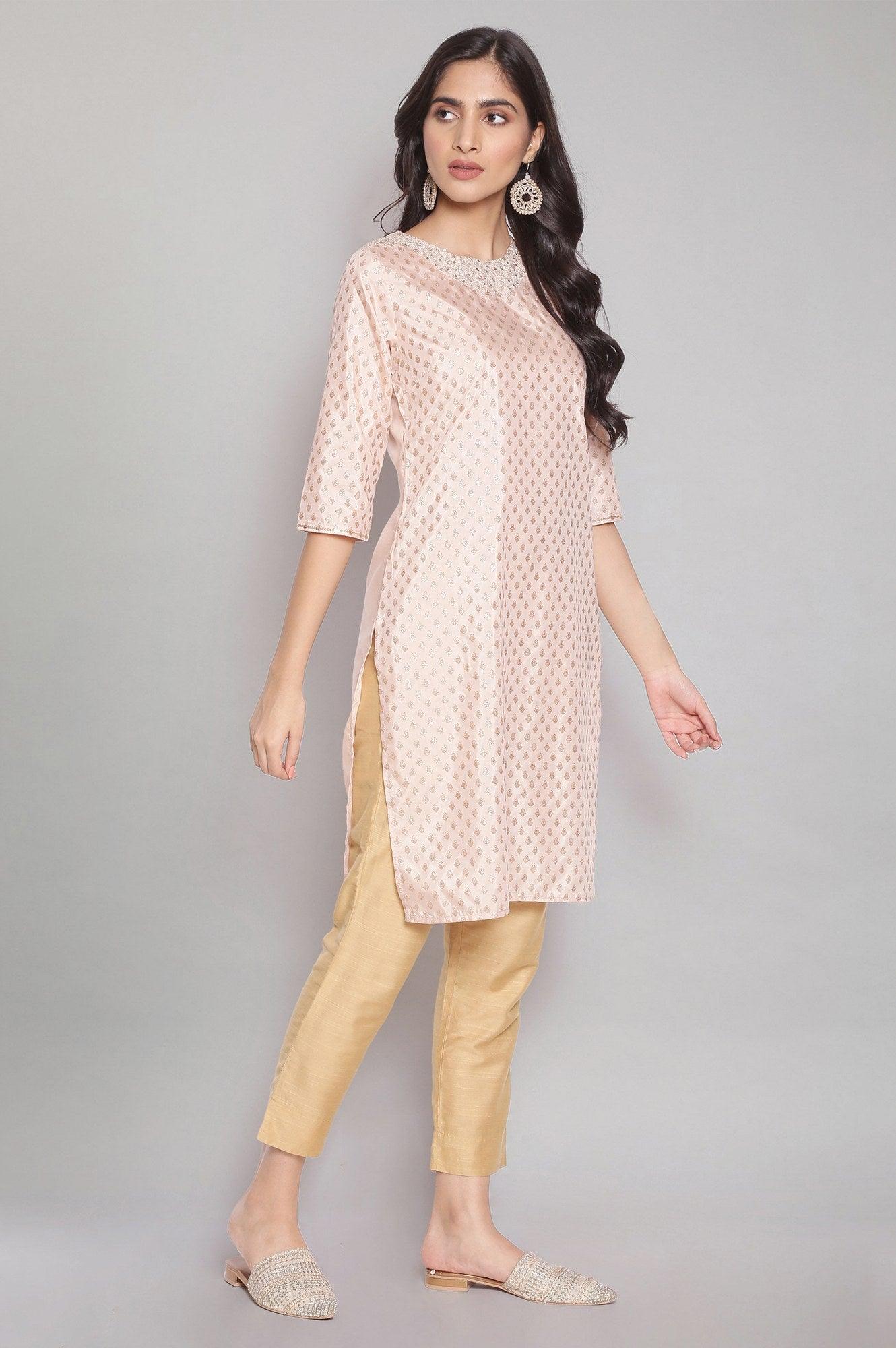 Light Pink Festive Round Neck kurta with Dori Embroidery - wforwoman