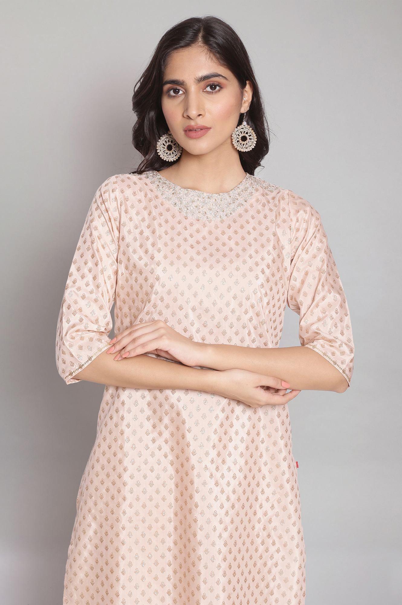 Light Pink Festive Round Neck kurta with Dori Embroidery - wforwoman