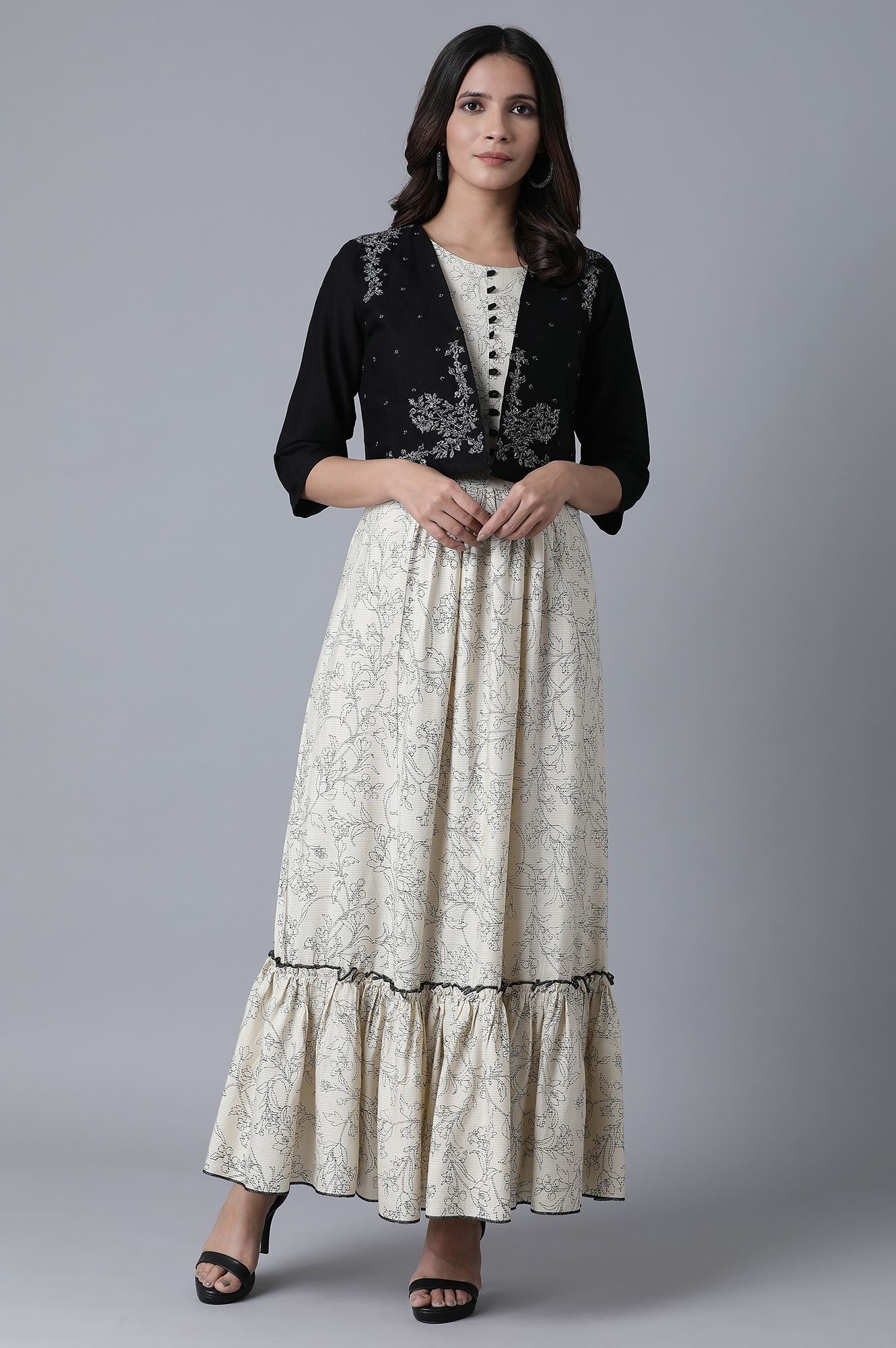 Ecru Tiered Dress-Black Jacket Set – wforwoman