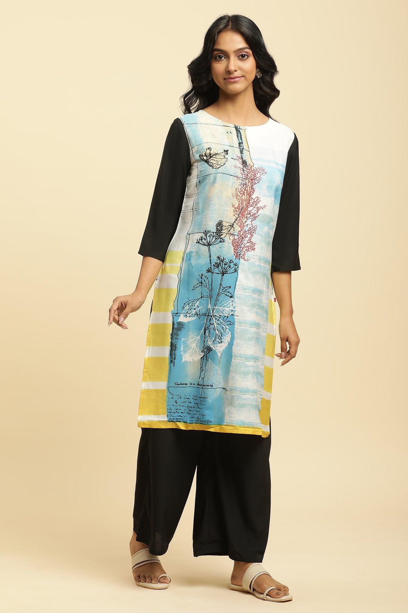 Multi-Coloured Dobby Kurta-Parallel Pants Set - wforwoman