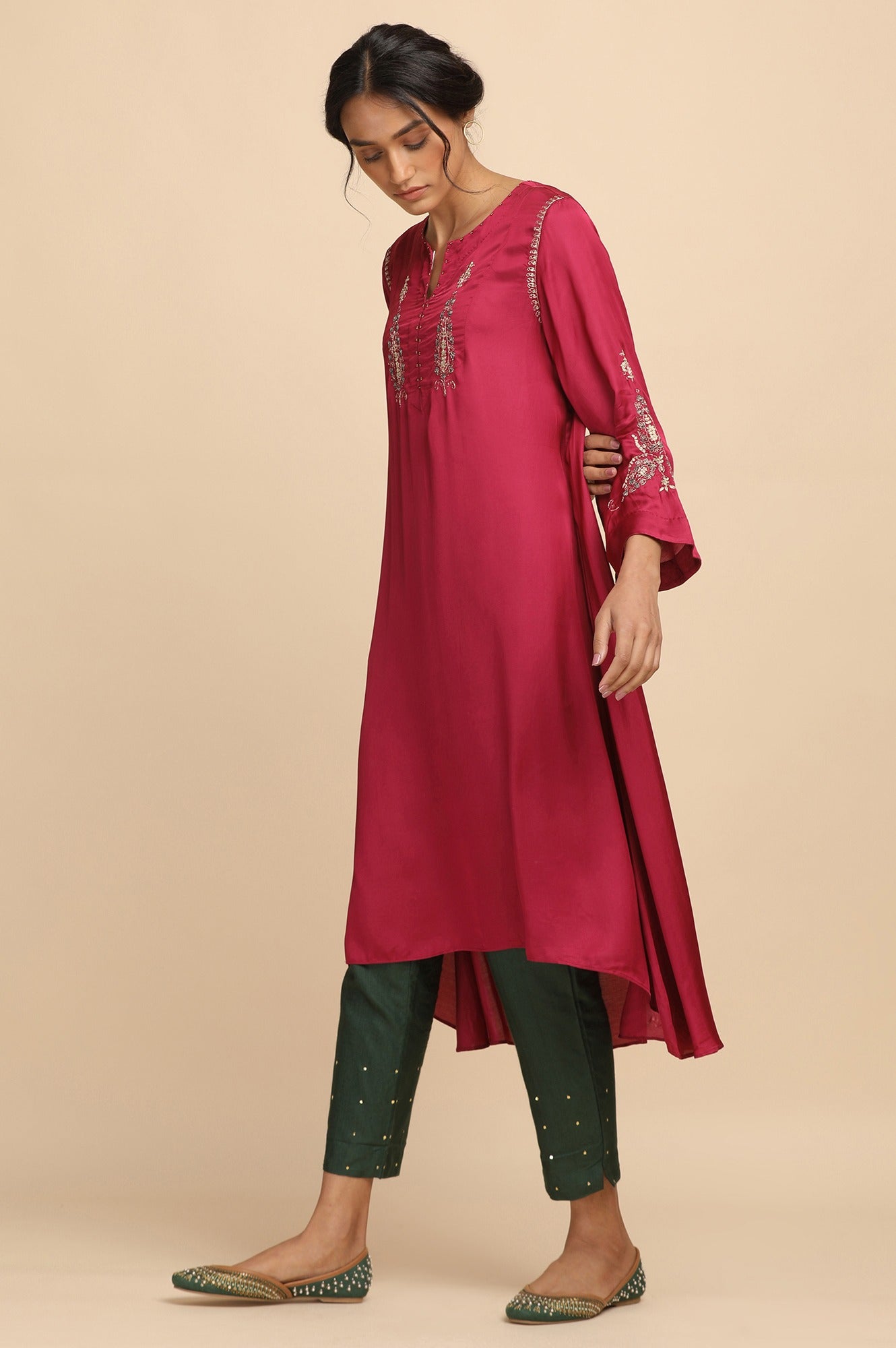 Fuchsia Modal Satin Flared kurta