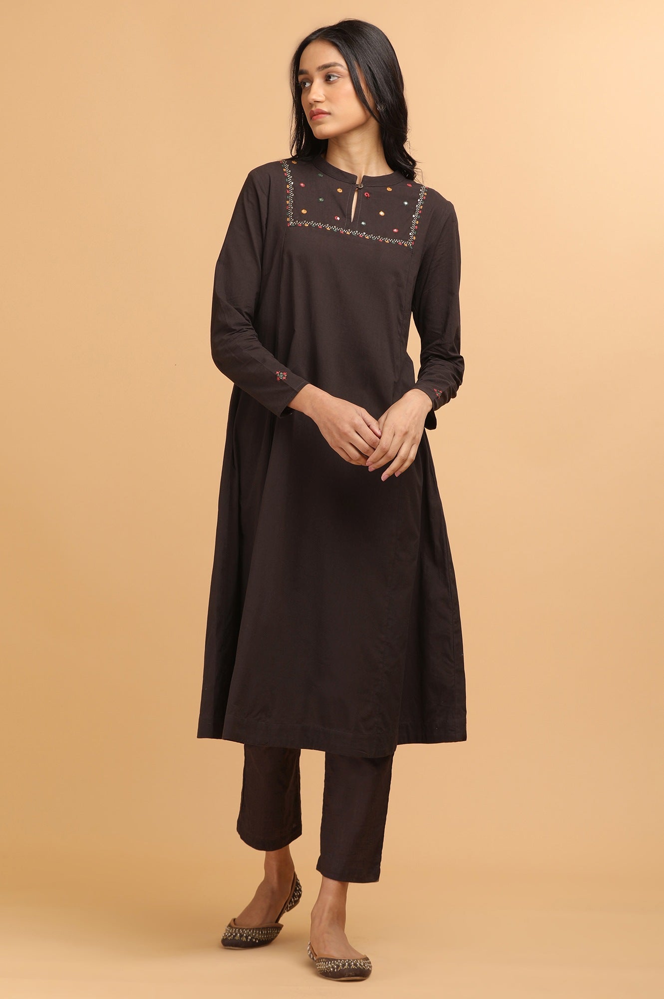 Dark Brown Panelled kurta in Kutch embroidery